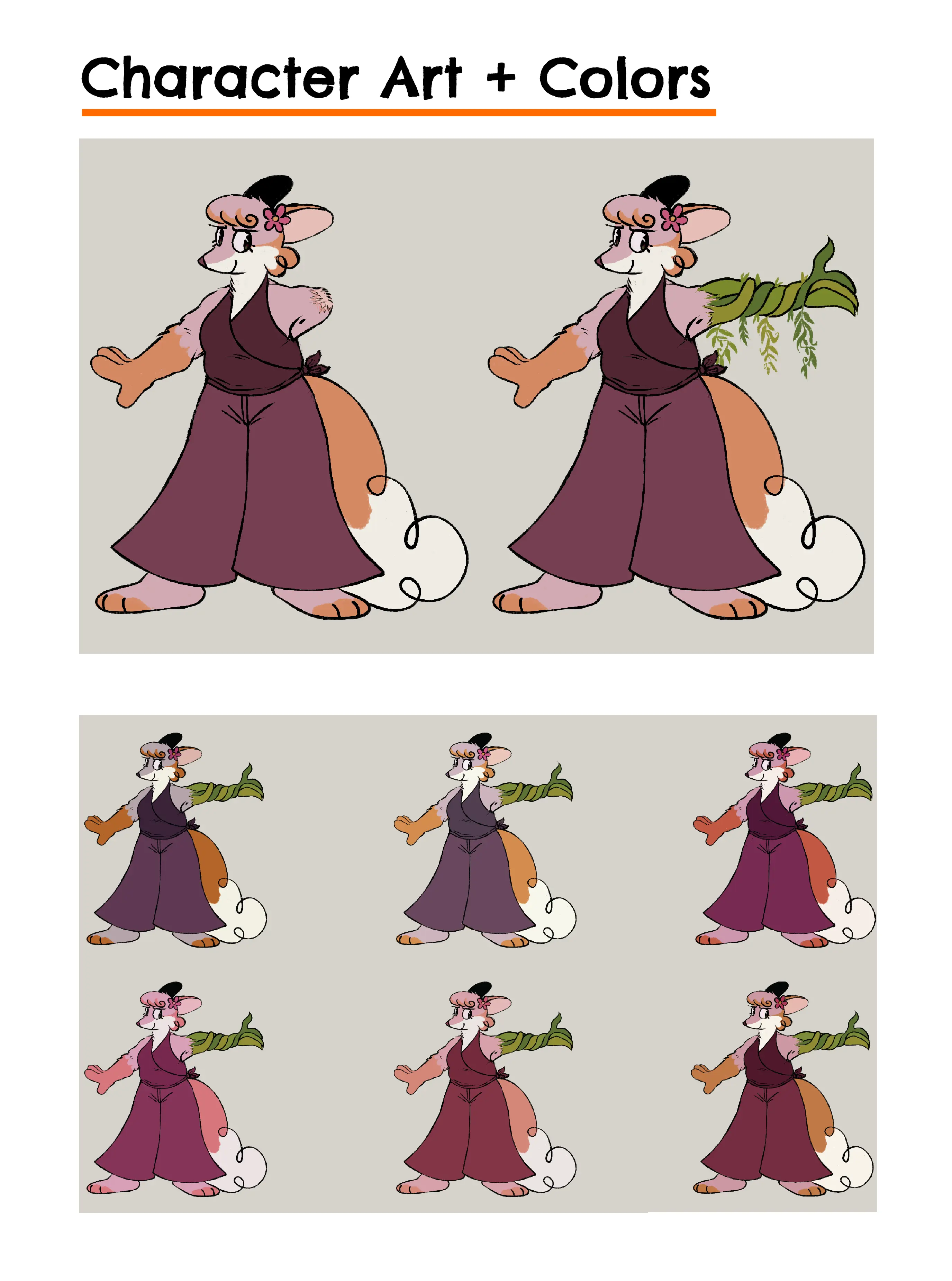 A character design sheet of Willow, as well as various color studies.