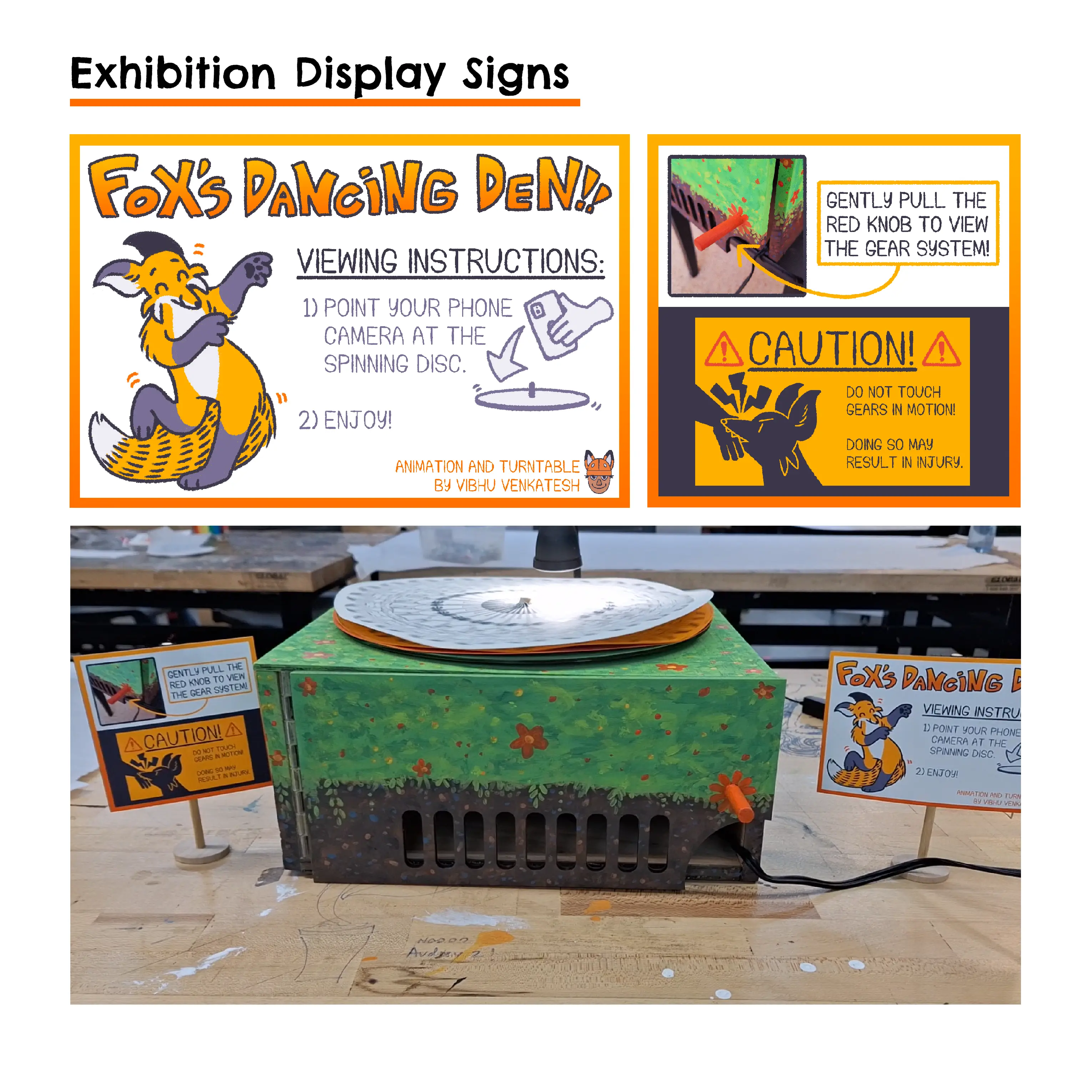A close-up of the exhibition signs for the phenakistoscope, which instruct the viewer on how to view the animation and gear system.