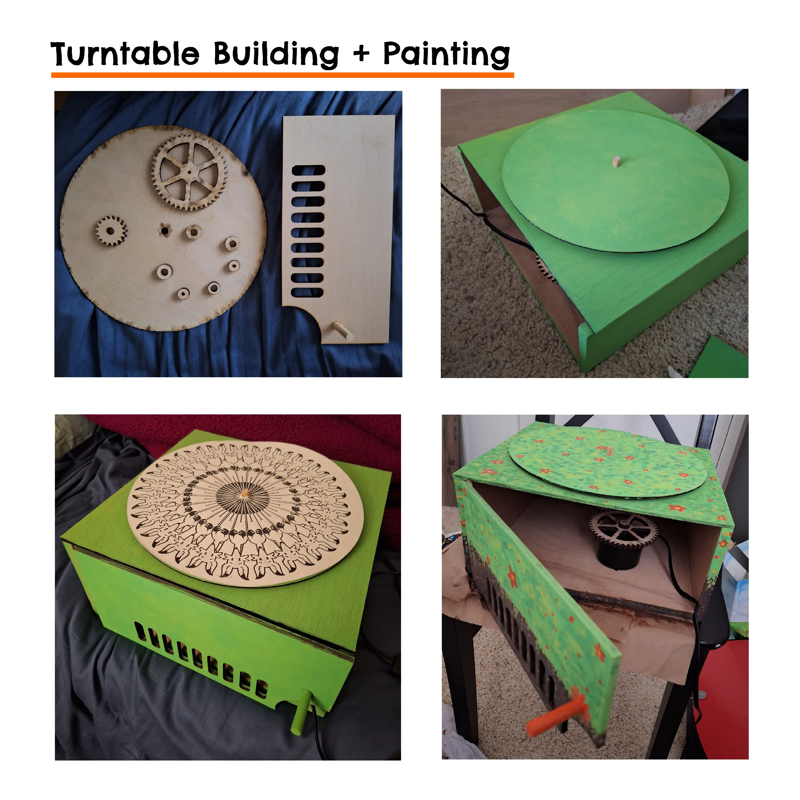 Process photos on how the spinning turntable and gear system was built from laser-cut wood. There are also shots of the painting process.