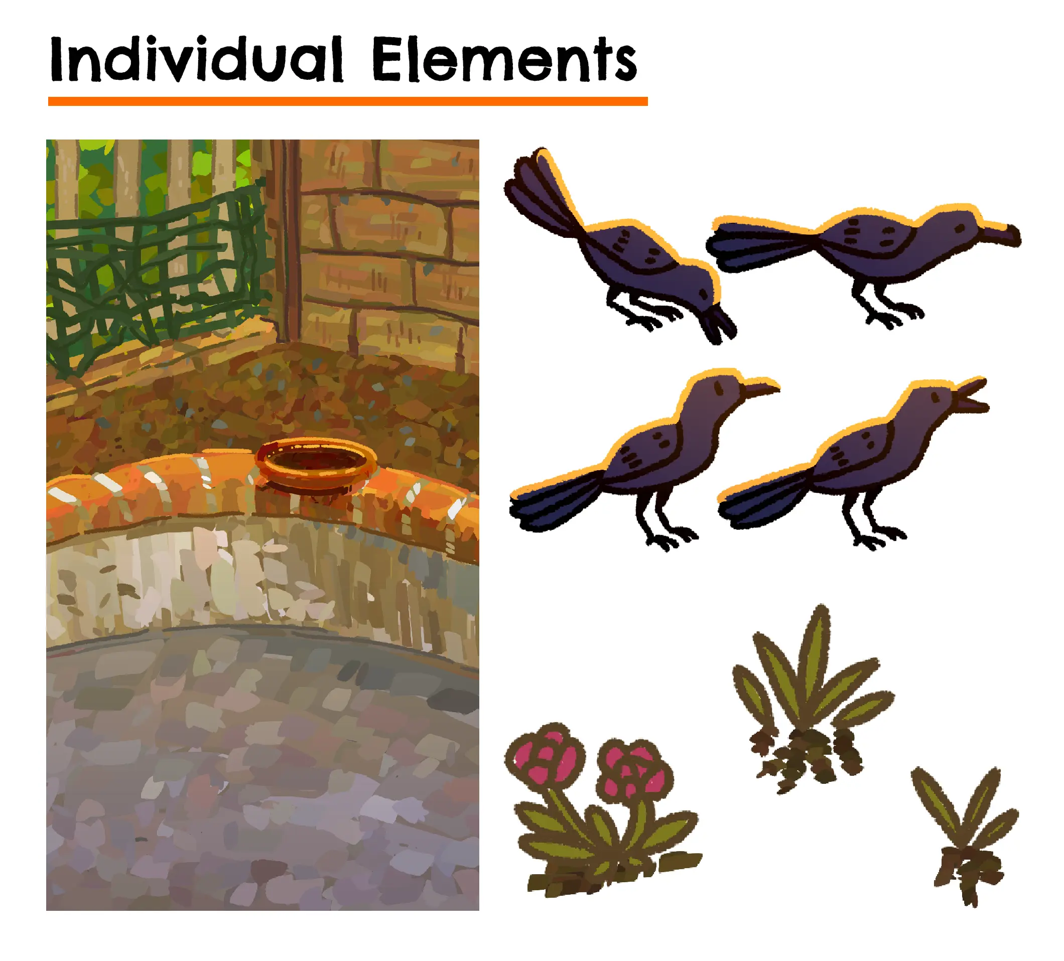 A shot of the background backyard retaining wall, as well as the individual frames of the crow and flowers that would be composited into the final animation.