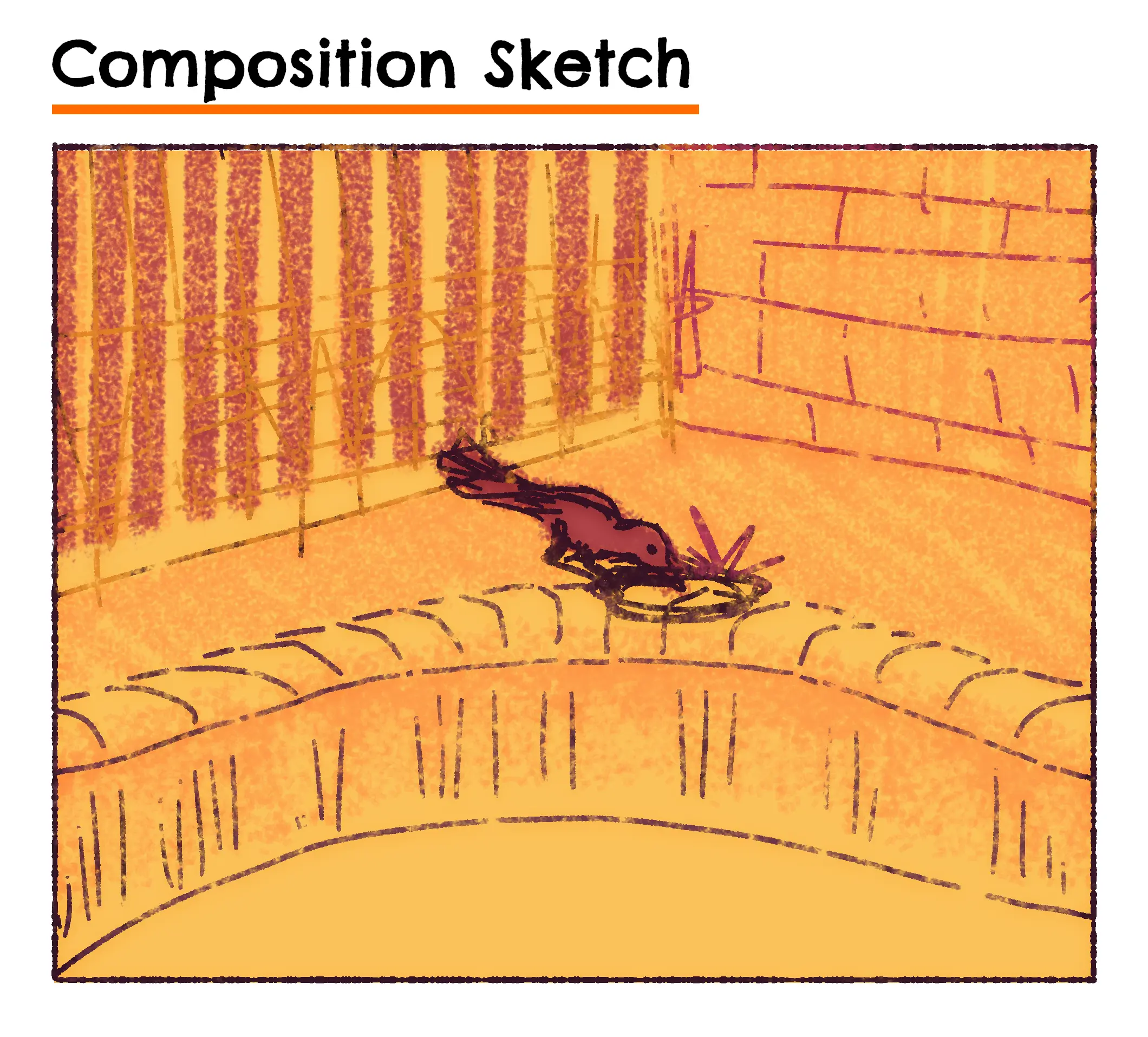 An initial sketch composition and rough color pallette for the animation.