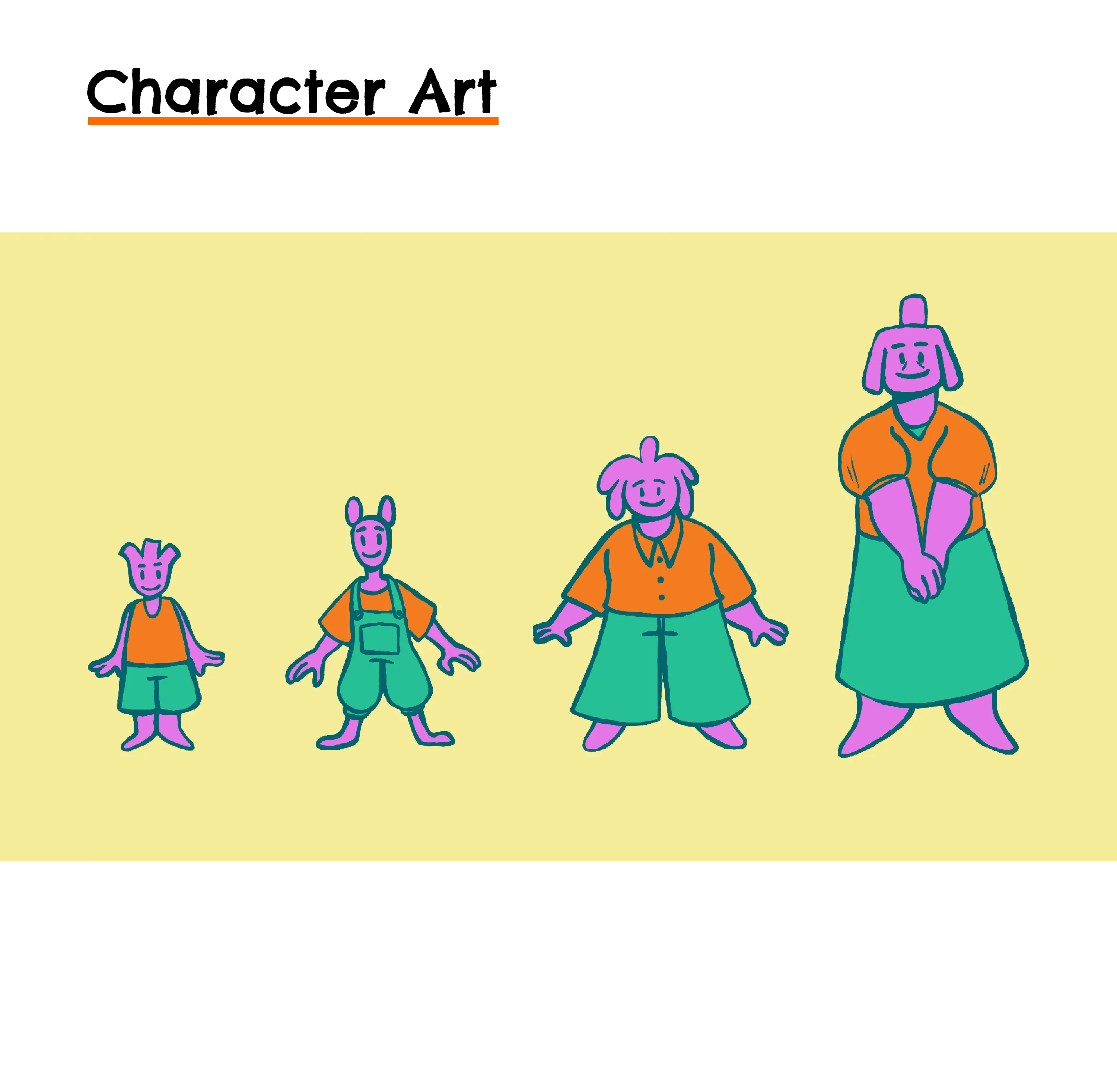 Simple character designs for Tessema, her siblings, and her mother. The characters are drawn in a simple style with a yellow, pink, orange, and green color scheme.