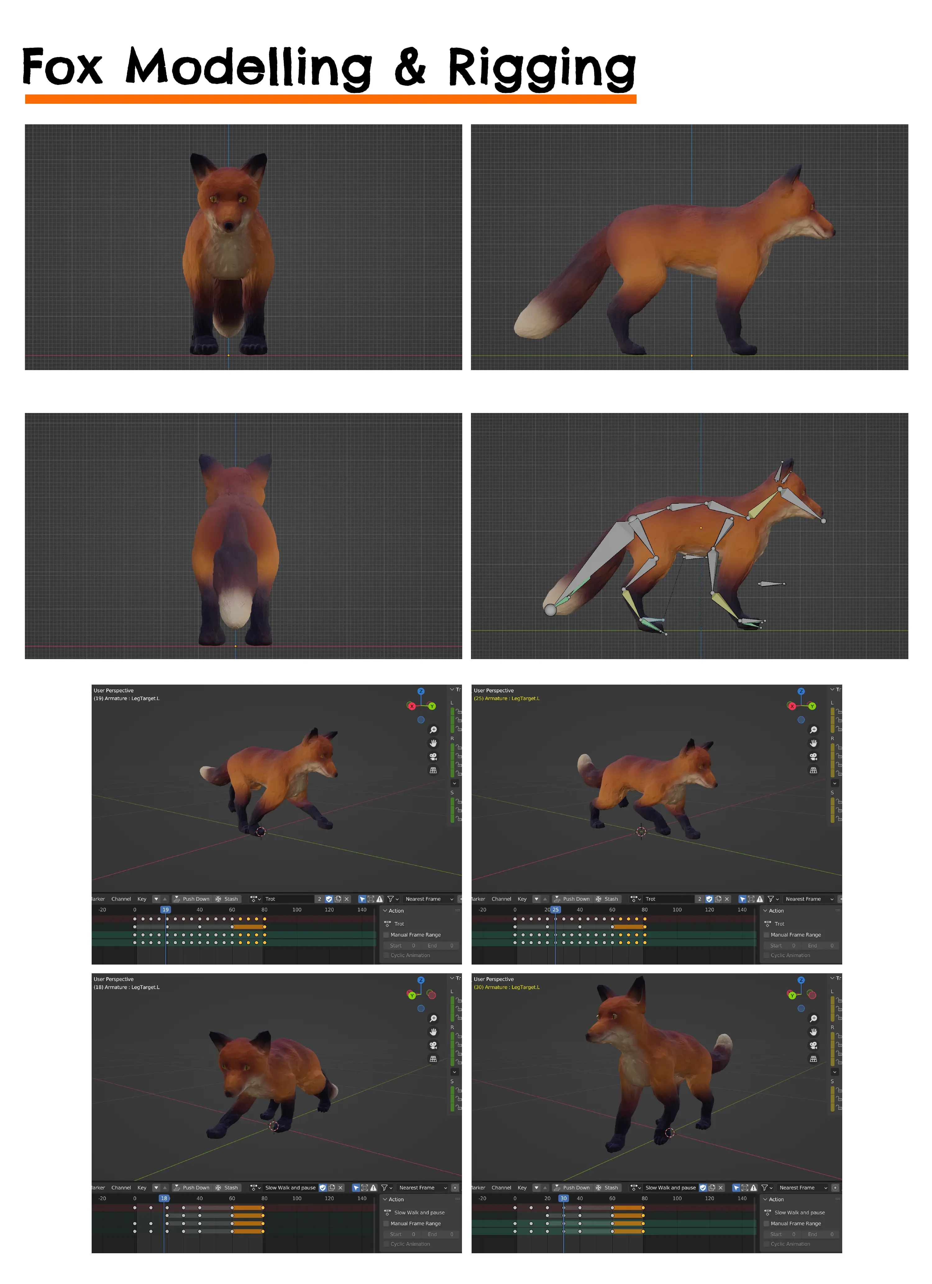 A 3D fox modelled and rigged in Blender, displayed in various poses.