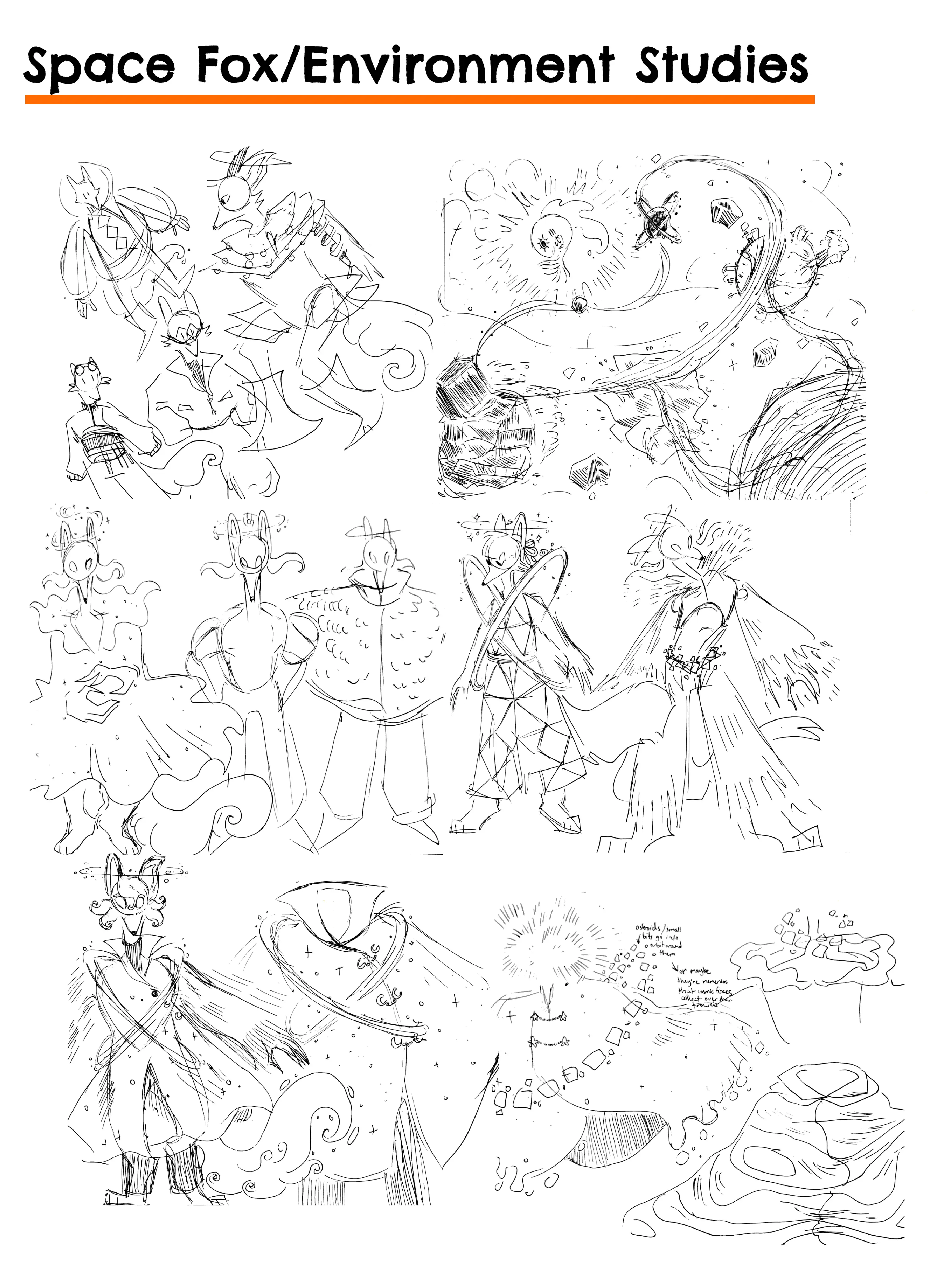 A page of research sketches for the space fox's fashion and for what some celestial objects surrounding the fox planet might look like.
