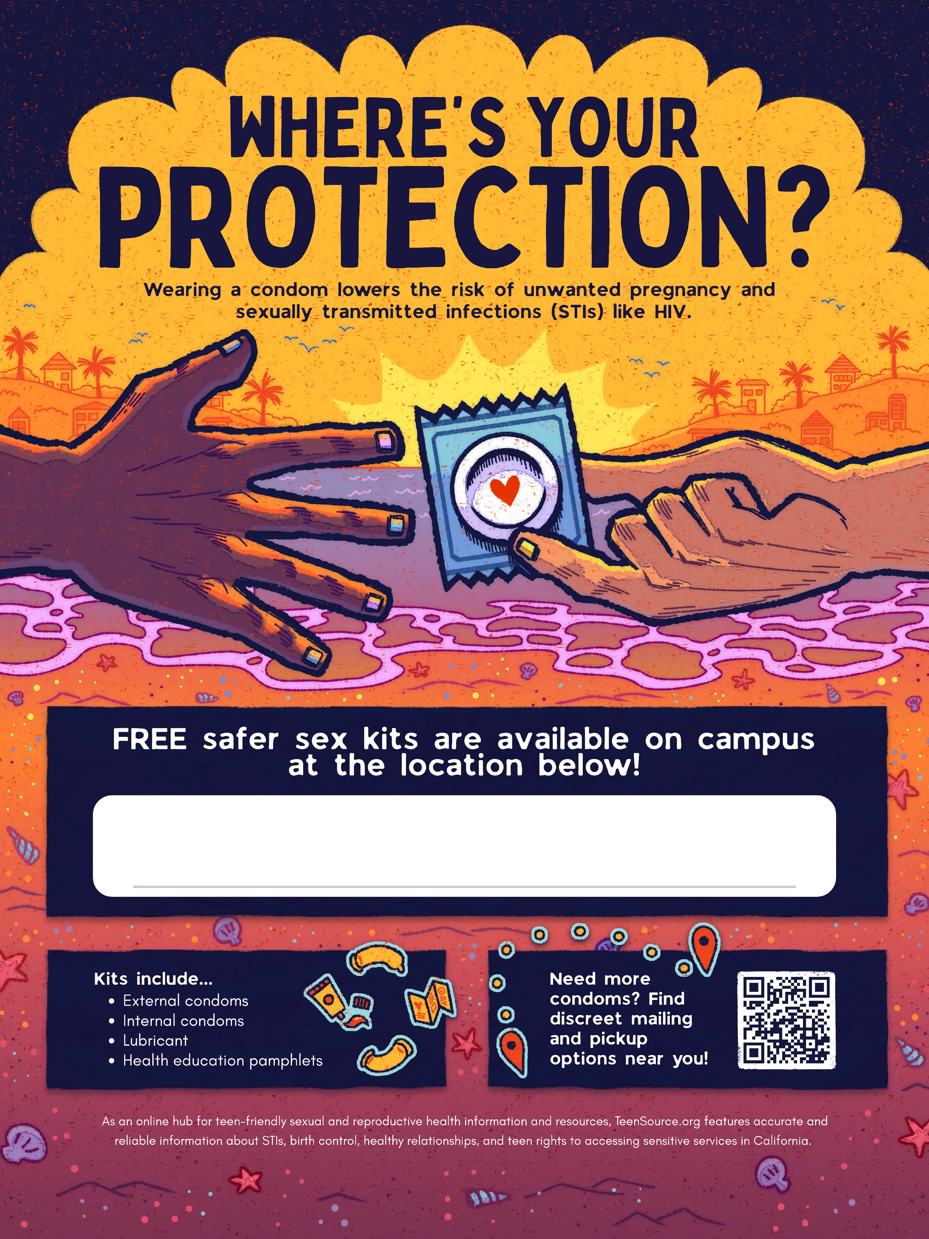 The second version of the school posters. There are two hands, one of which is giving the other a blue condom with a heart on it. In this version, there is a shoreline with shells and starfish, and the ocean in the background.