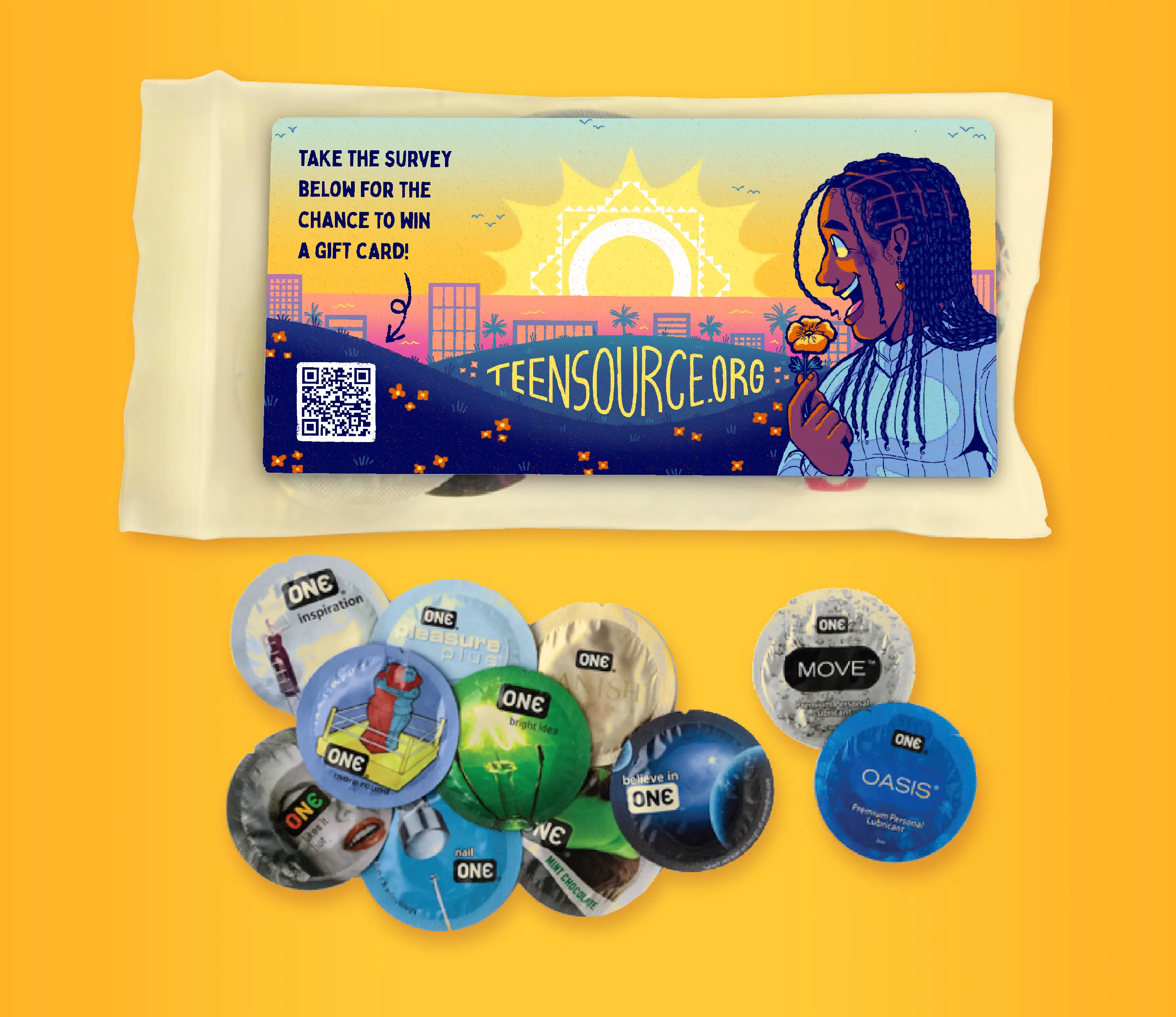 A ziploc bag of condoms, as well as wrapped condoms scattered about. On the bag, there is a hand drawn sticker of a girl holding a California poppy and looking out at the LA horizon of palm trees, buildings, and ocean. The sun is subtly shaped like a condom, and there is a QR code for the recipient to take a survey for the chance to win a gift card.