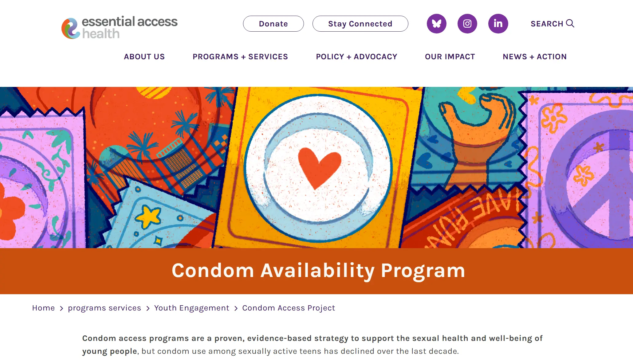 The landing page for Essential Access Health's webpage about CAP. There is a colorful, hand-drawn header with assorted condoms on it.