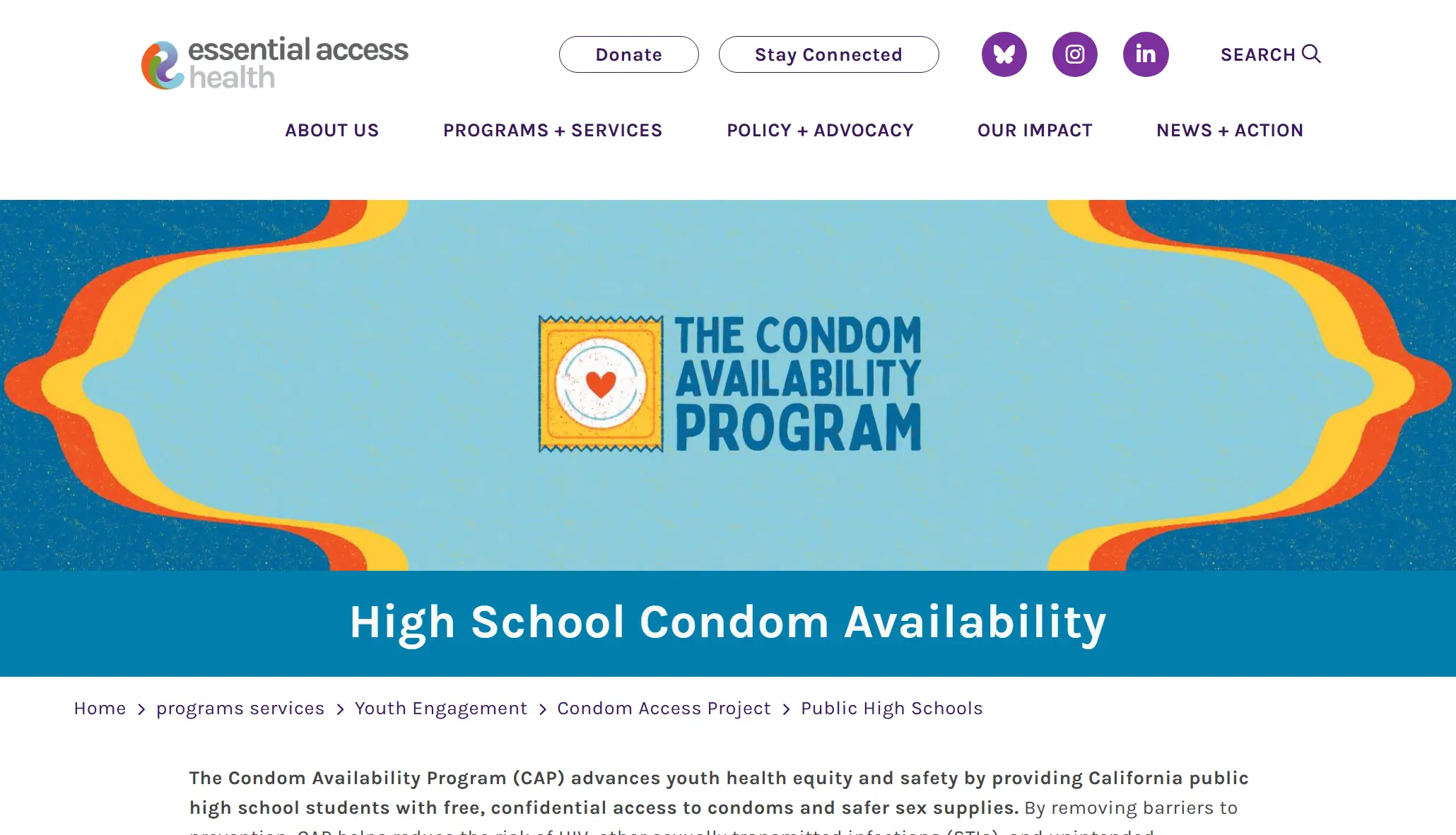 The webpage for information on condom availability in high schools. There is a colorful, hand-drawn header with the Condom Availability Program text and logo on it.