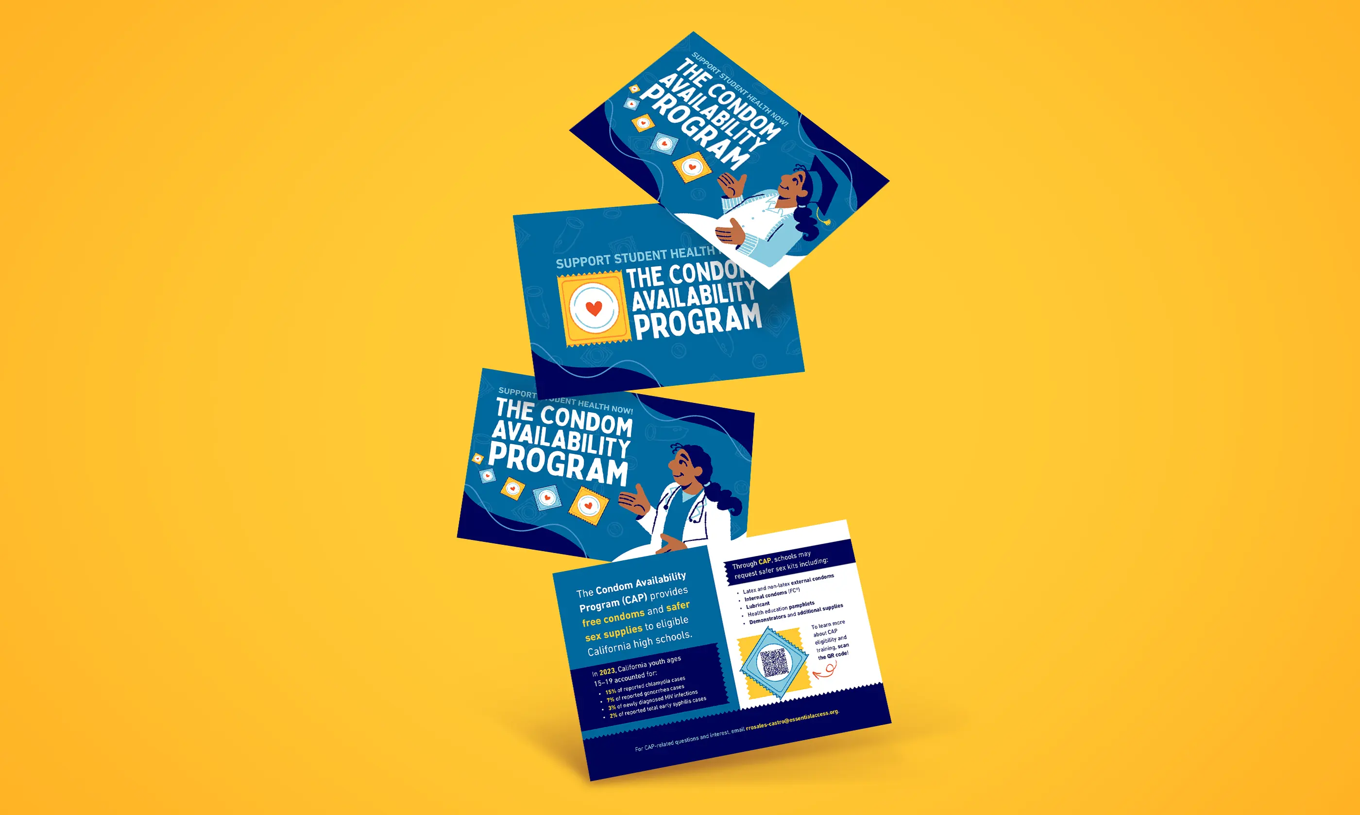 The CAP Postcards, with three different front graphic variations featuring a yellow condom wrapper, a teacher, and a doctor.