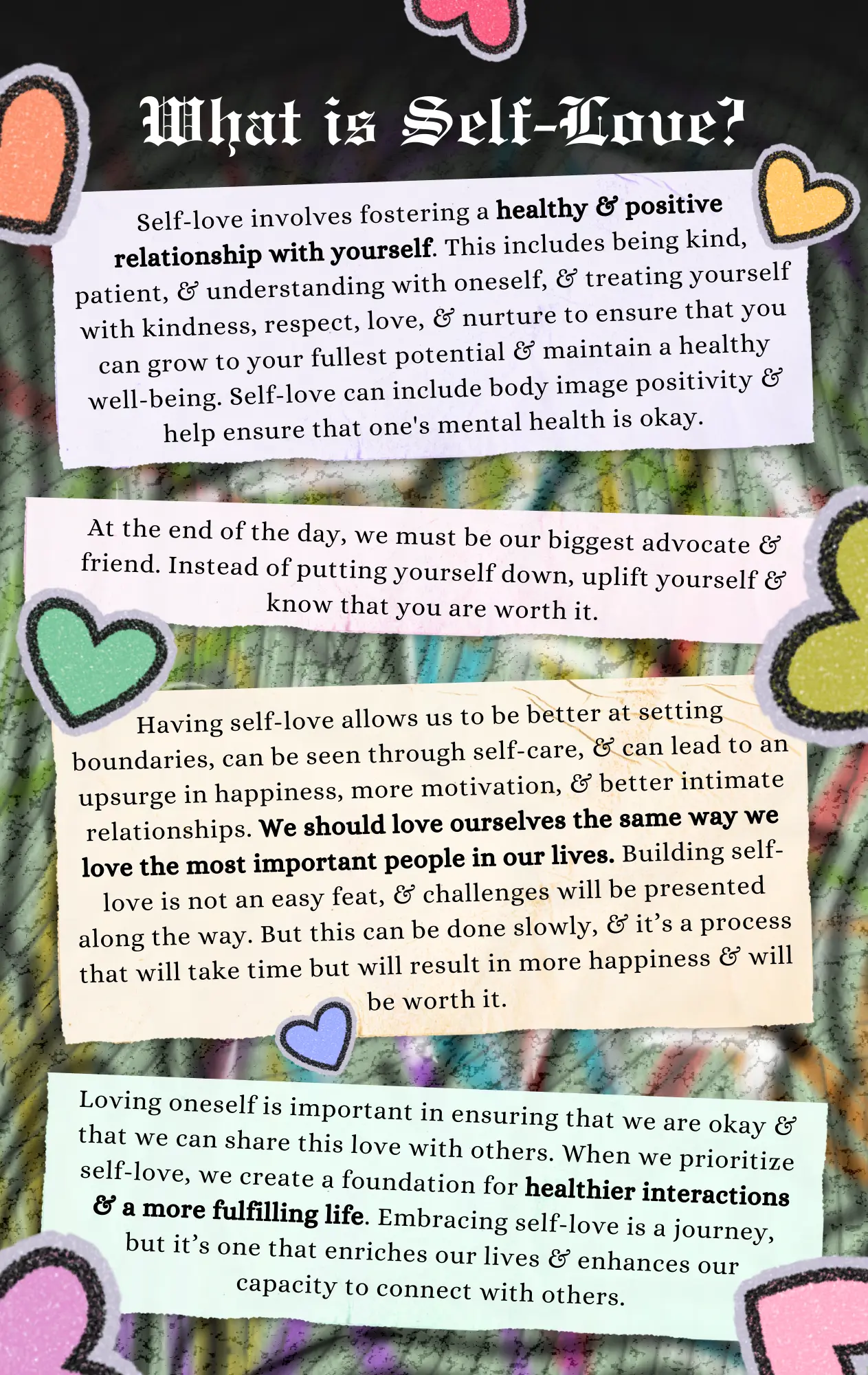 Page 11: An article about self-love, against a spray painted wall with colorful heart stickers around the text boxes. Designed by Vibhu Venkatesh.