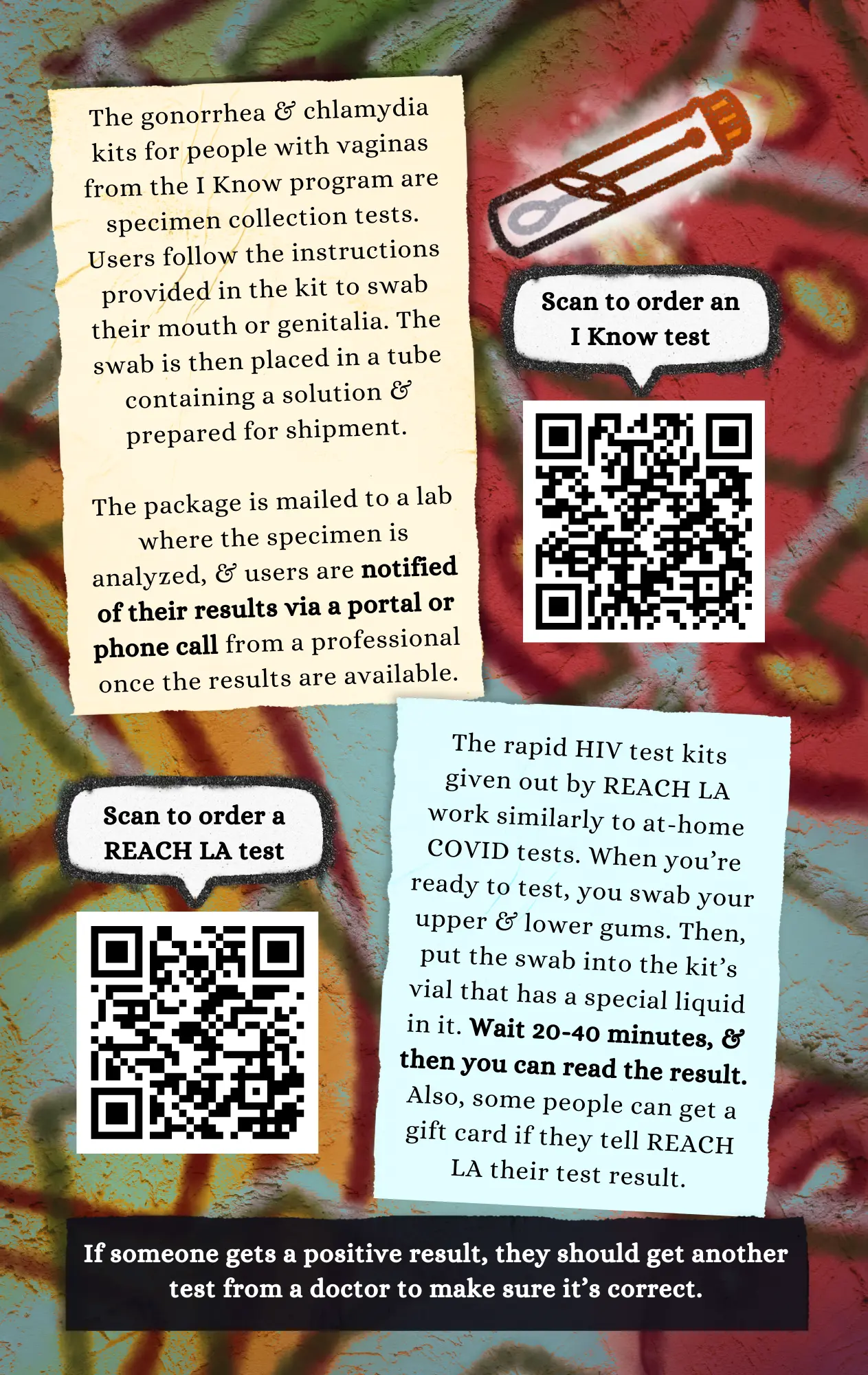 Page 14: A continuation of the previous article, with a wall with spray-painted fruits on it and a graphic of a STI testing kit. There are QR codes linking to programs such as I Know and Reach LA, which allow you to order at-home STI tests. Designed by Vibhu Venkatesh.