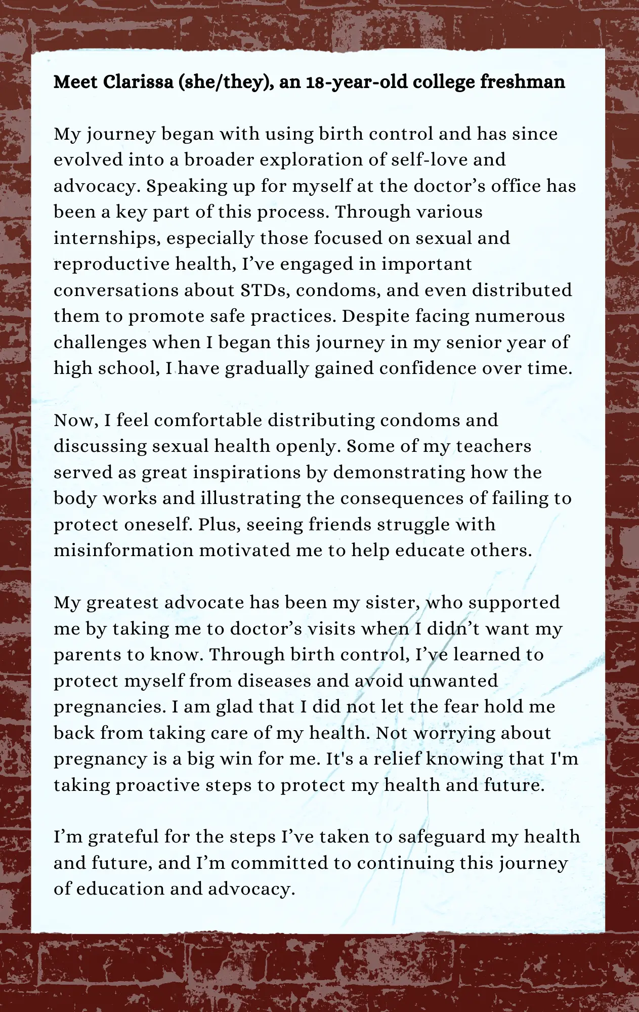 Page 17: A continuation of the self-advocacy article, with the same brick wall background. Designed by Kimberly Navarro.