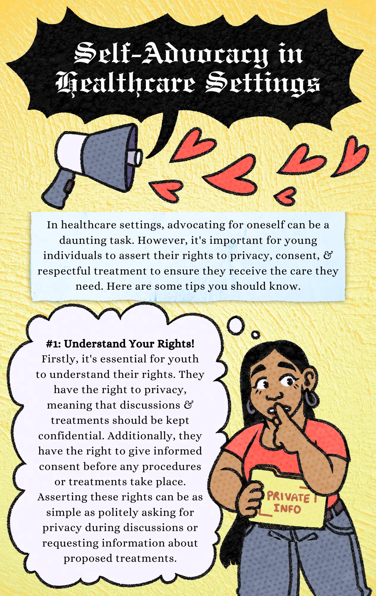 Page 18: An article about self-advocacy in healthcare settings, with a graphic of a megaphone with hearts coming out. There is also a graphic of a girl holding a confidential medical file, thinking about the importance of knowing one's rights. Designed by Vibhu Venkatesh.