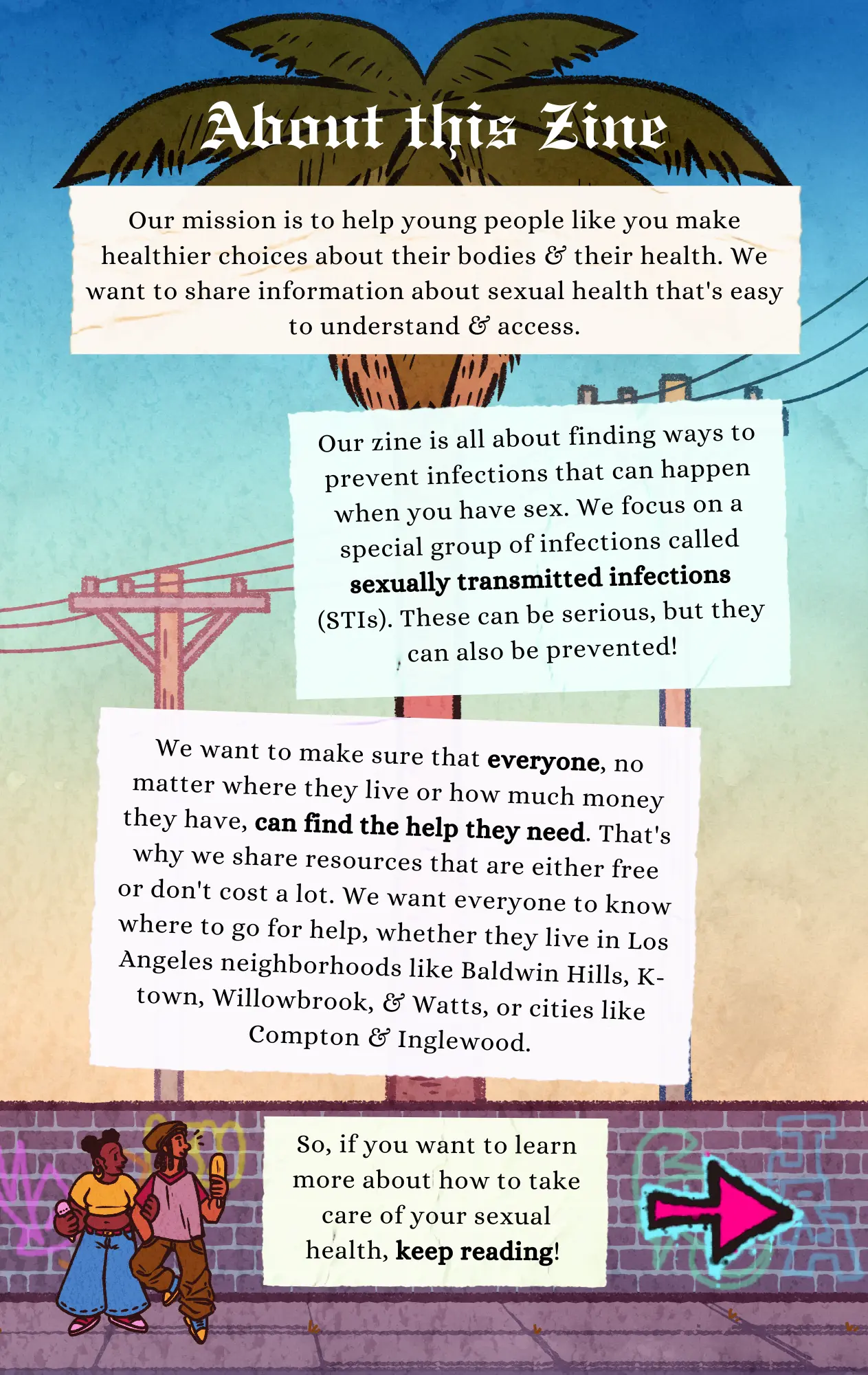 Page 2: An info page about the zine, featuring an LA urban area with a palm tree, power lines, and a spray painted wall. Two young people on the bottom left eat ice cream and look at the page's information, and there is a pink arrow on the bottom right. Designed by Vibhu Venkatesh.