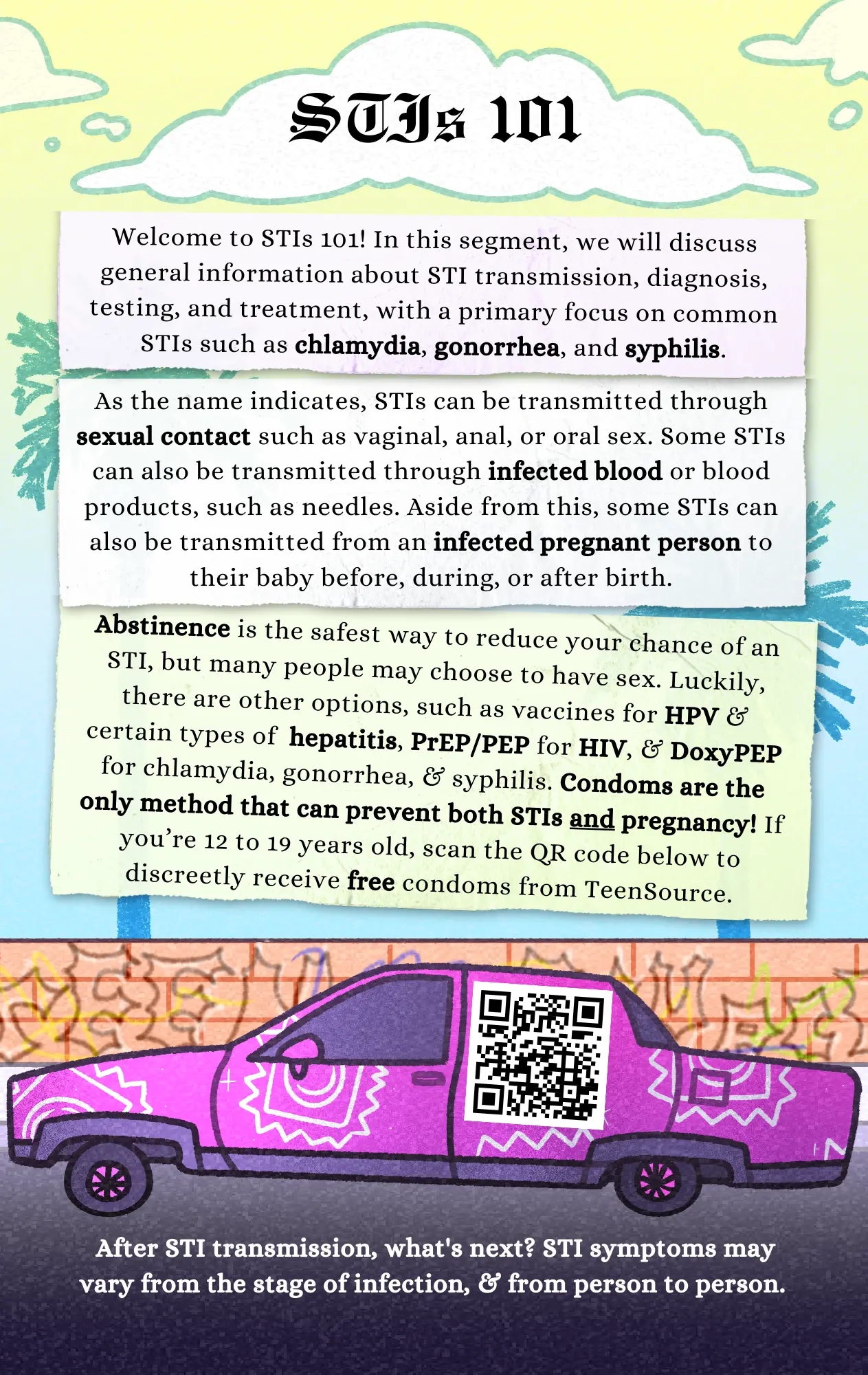 Page 5: An article about sexually transmitted infections and condom access, with a link to Teensource's Condom Access Project on a purple lowrider car with condom patterns on it. Designed by Vibhu Venkatesh.