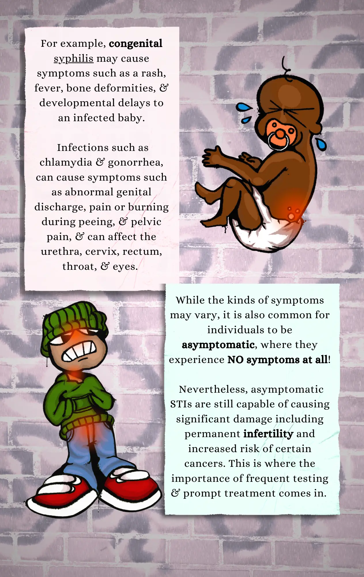 Page 6: A continuation of the STI article, with graphics of young people and affected areas that STIs impact. The background is a spray-painted wall. Designed by Jasmine Rios-Artola.