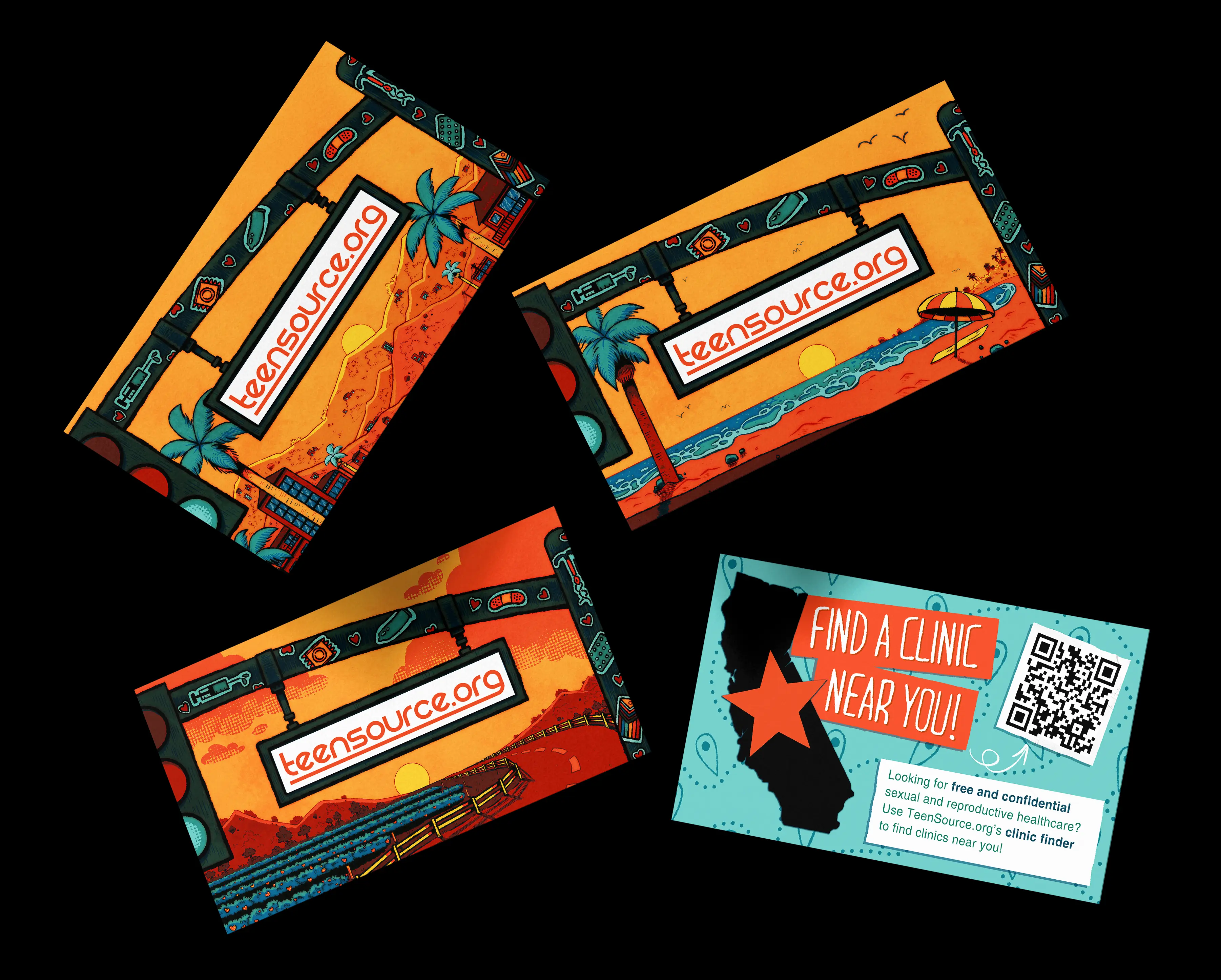 The first version of the clinic finder business card, with 3 different front side graphics of a traffic light in front of California sceneries of a city, beach, and farmland. The back side has information about how to access TeenSource's clinic finder across California.