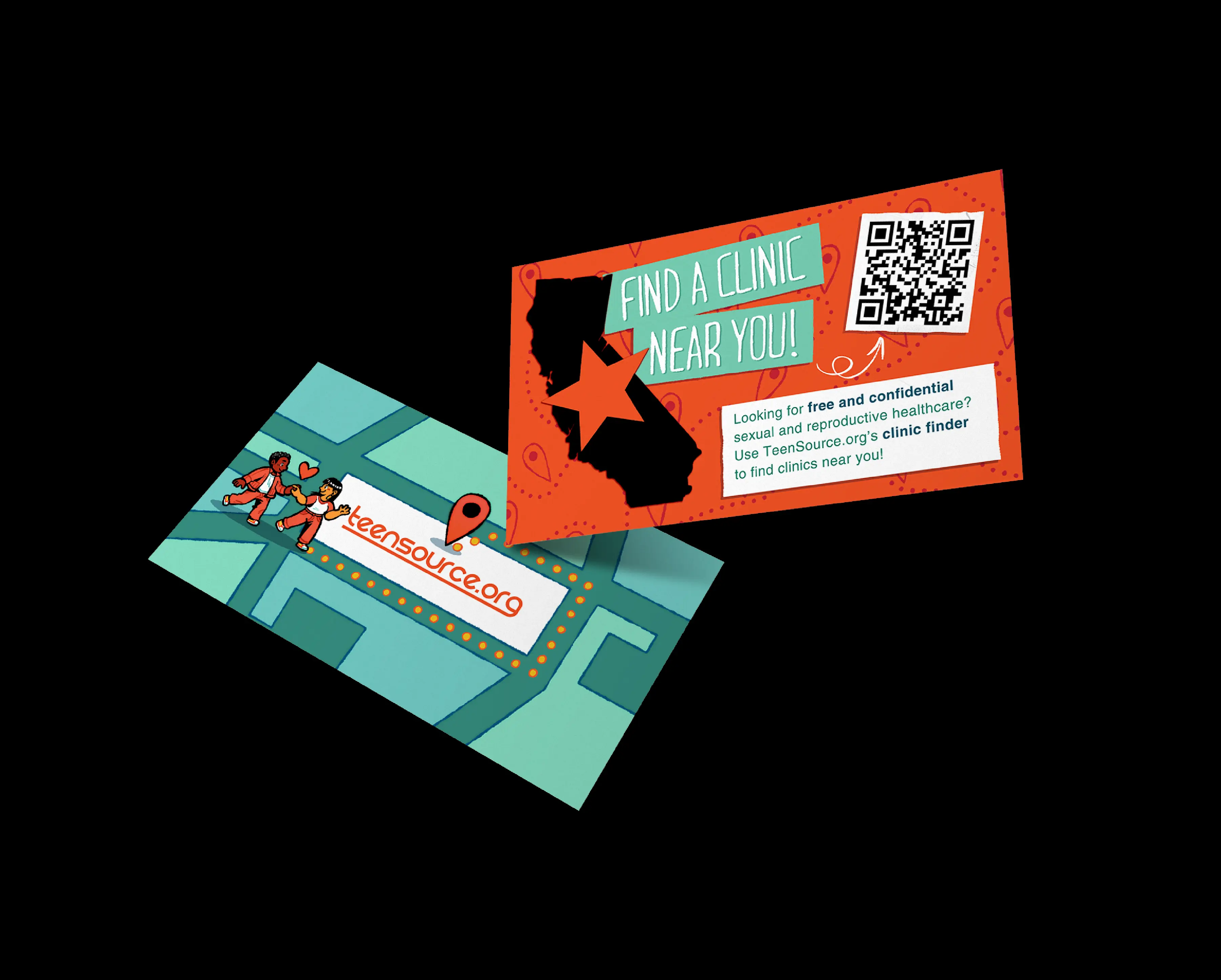 The second version of the clinic finder business card, with the front side graphic being inspired by Google Maps, in which a couple walk along a route leading to a Teensource clinic, signified by a location icon. The back side has information about how to access TeenSource's clinic finder across California.
