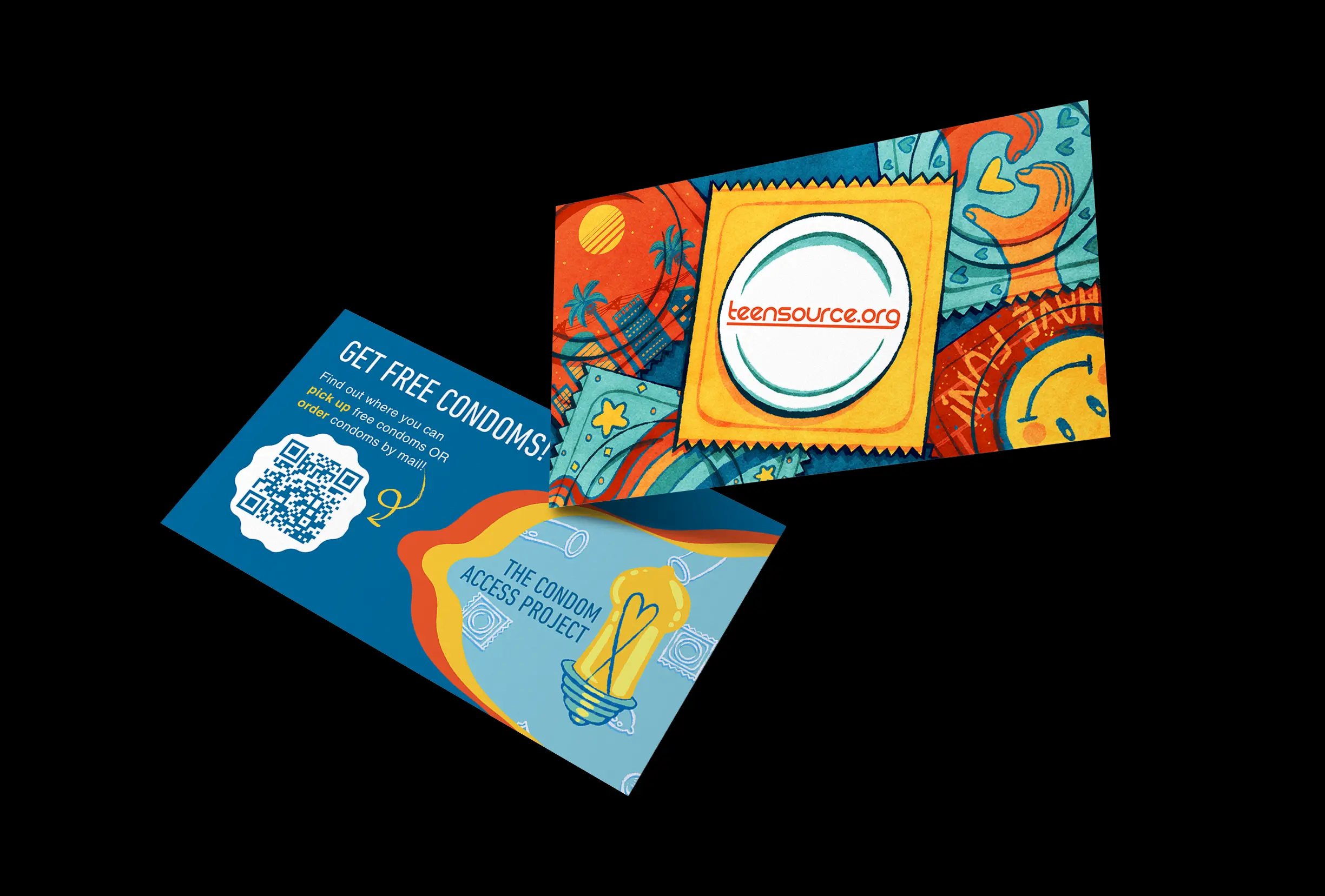 The Condom Access Project business card design. The front side graphic features an assortment of condoms with different packaging designs of cities, grafitti, rainbows, and hearts, with the center condom having the TeenSource logo. The backside has information about how to get free condoms from TeenSource through the Condom Access Project.