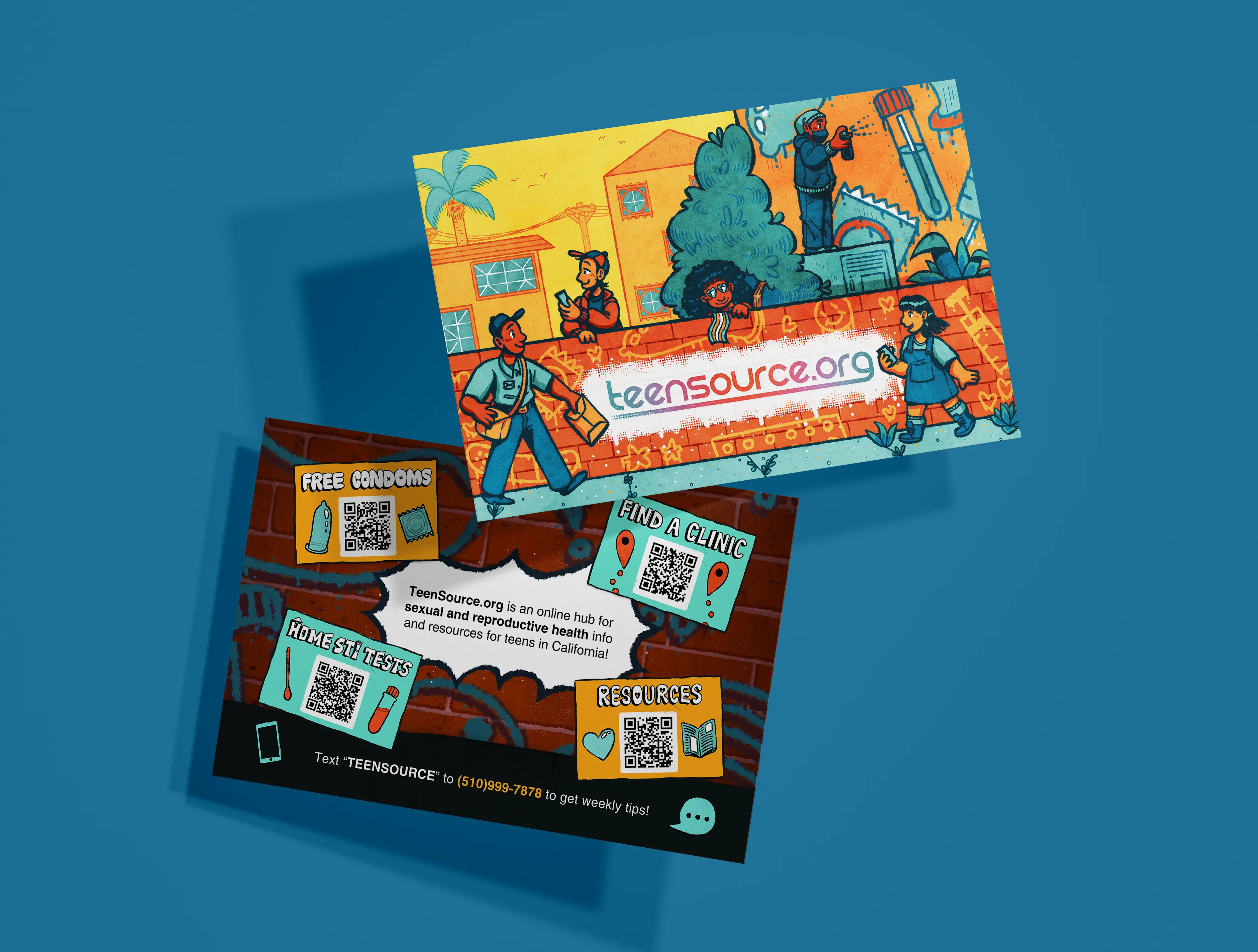 The TeenSource informational postcard. The front side graphic has the teensource logo spray painted on a brick wall in the middle of an urban area, and there are young people walking around looking at their phones, delivering packages, looking over the wall, and spray painting the buildings with birth control and STI testing designs. The back side has a brick wall background, with wheatpasted posters printed with QR codes and information about TeenSource's various services.