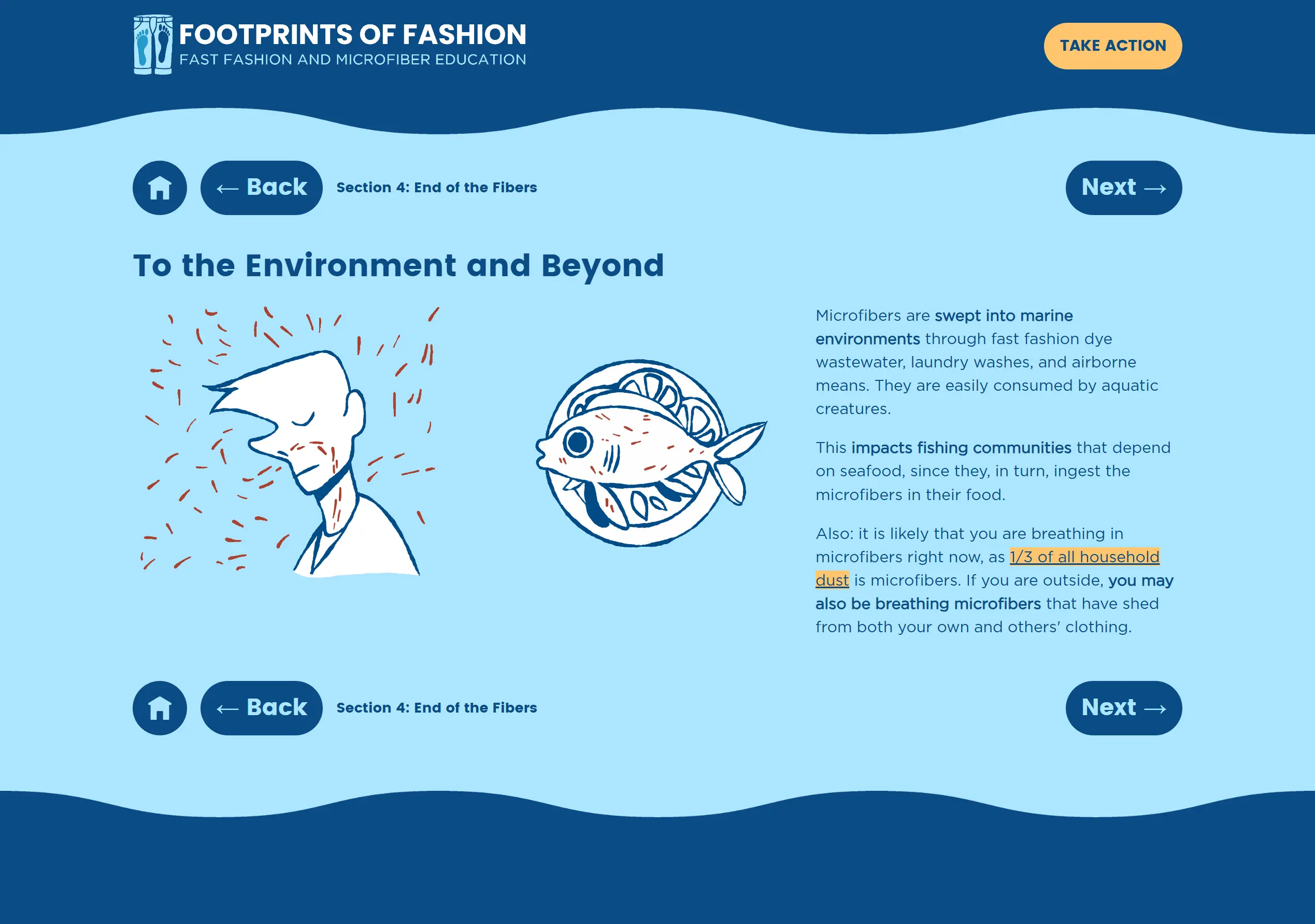 A webpage explaining how microfibers get into the environment, impacting both wildlife and humans.