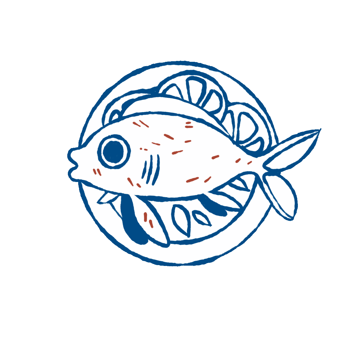 A fish on a dinner plate, covered with microfibers.