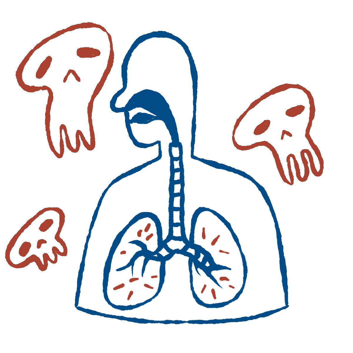 The human respiratory system, with lungs full of microfibers. Skulls surround the diagram.
