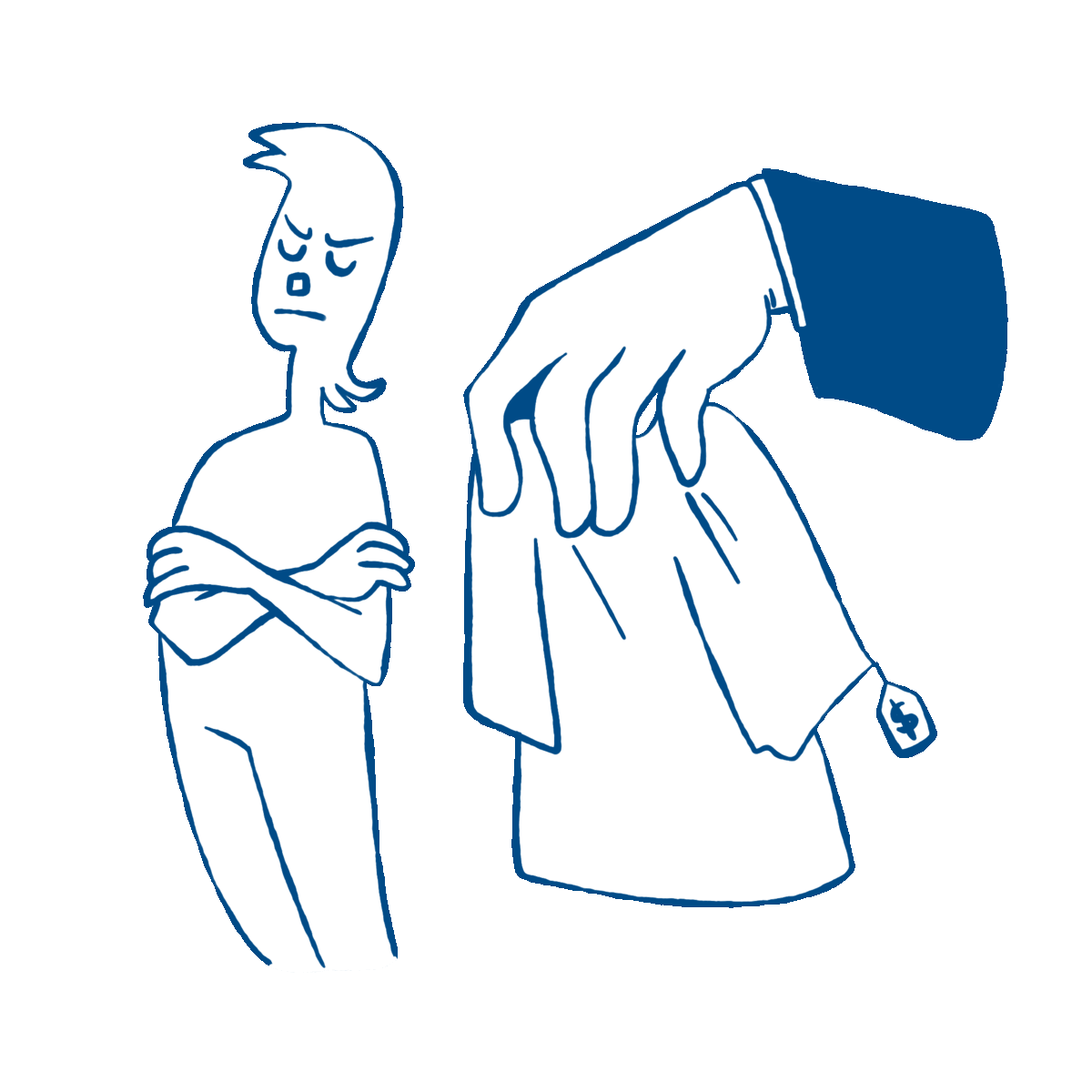 A person refuses to buy from a fast fashion company, which is represented by a large suit sleeved hand holding a shirt.