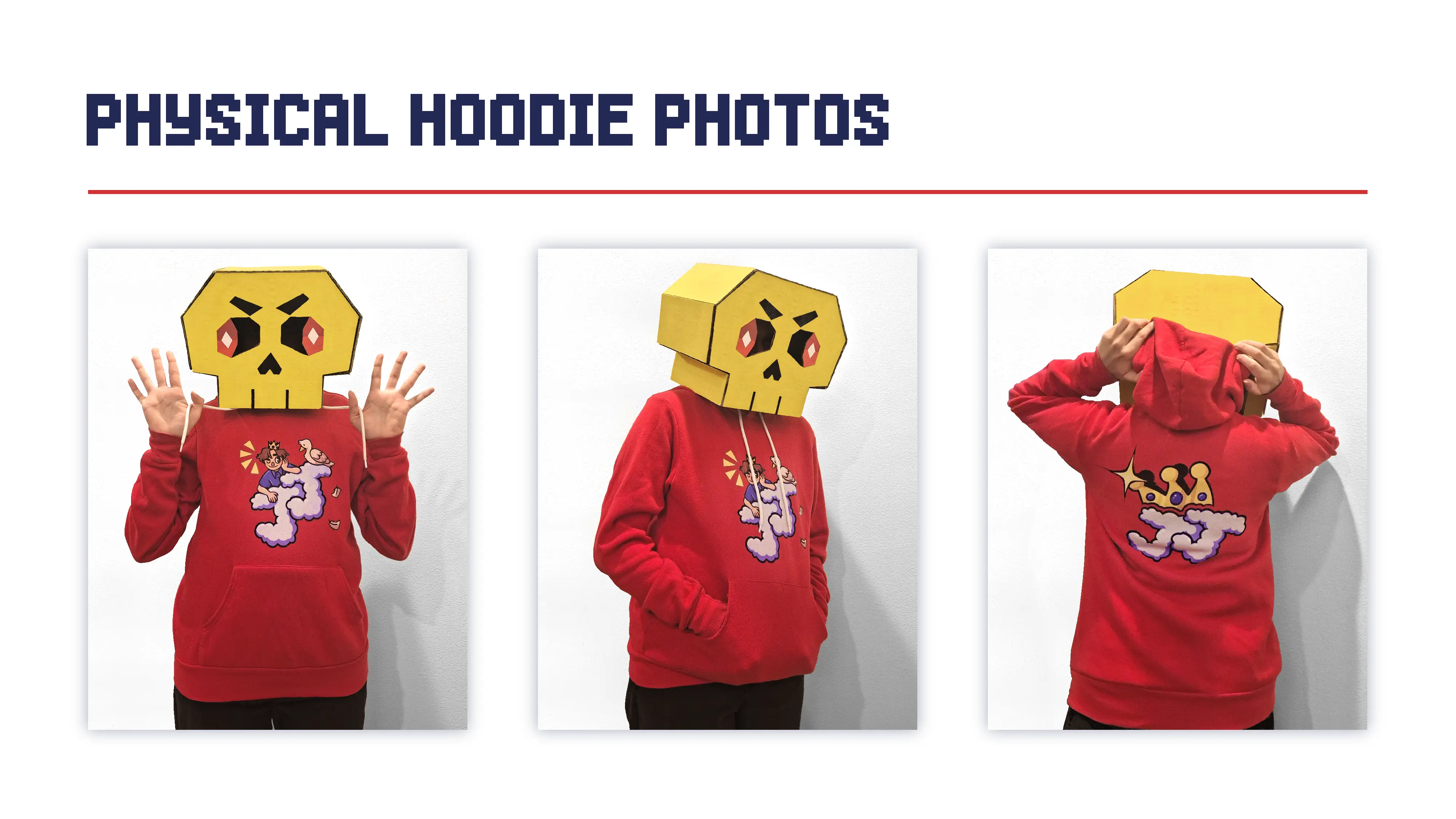 The artist modelling the physical hoodie order. His face is obscured with a green skull box head.