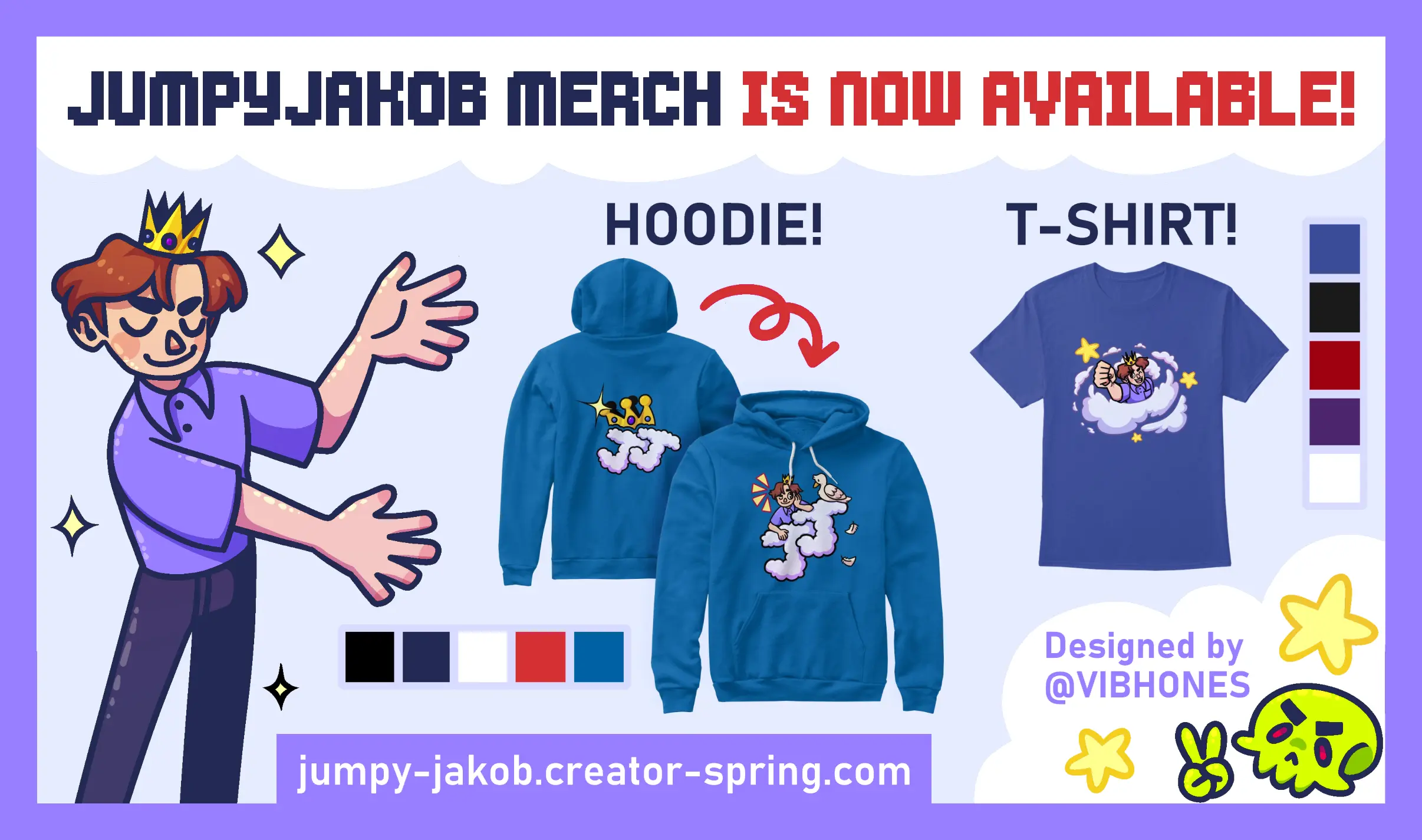 A graphic promoting JumpyJakob's merch drop, along with the shop link.