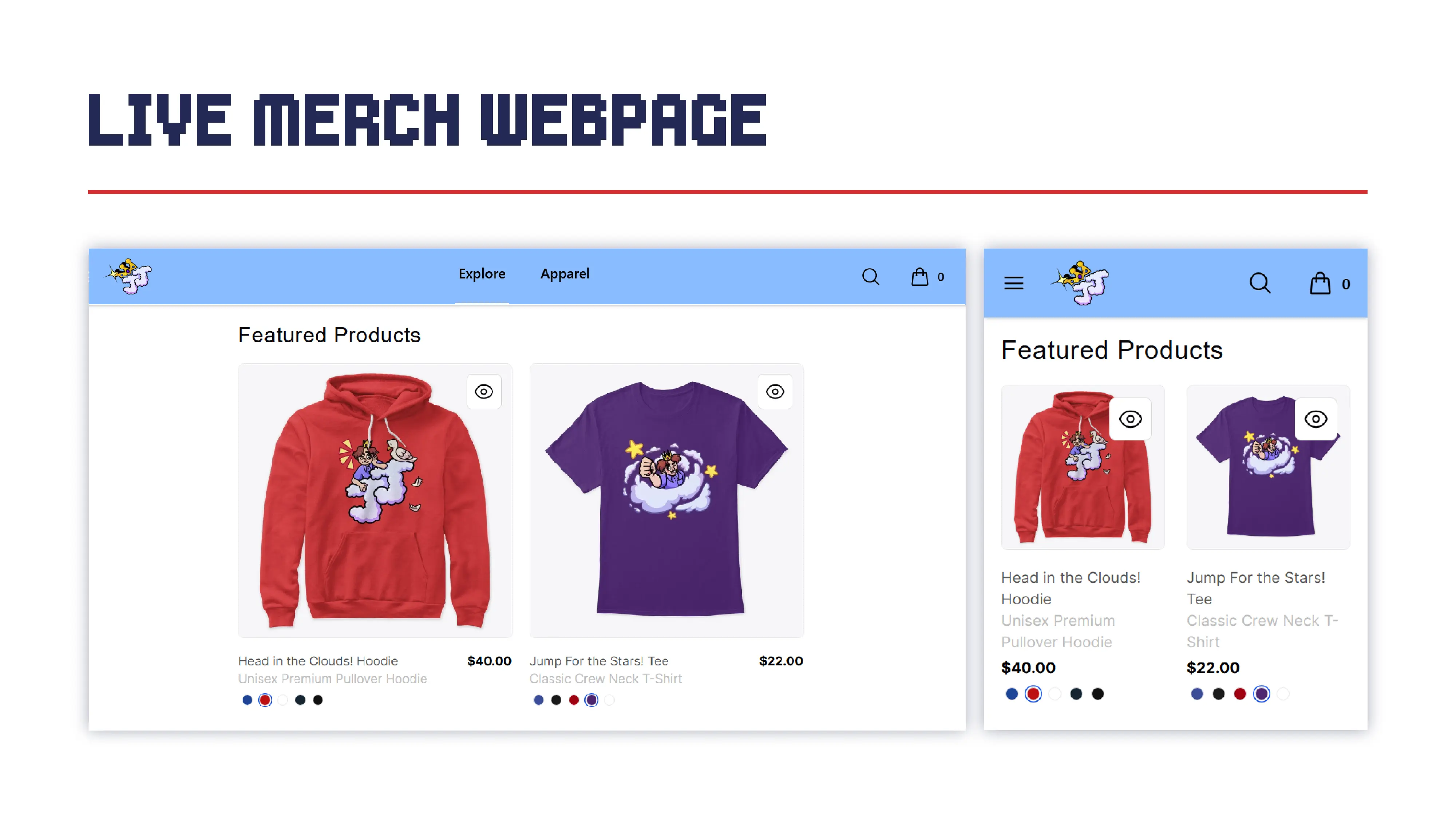 JumpyJakob's live merch webpage, with a hoodie and T-shirt available.