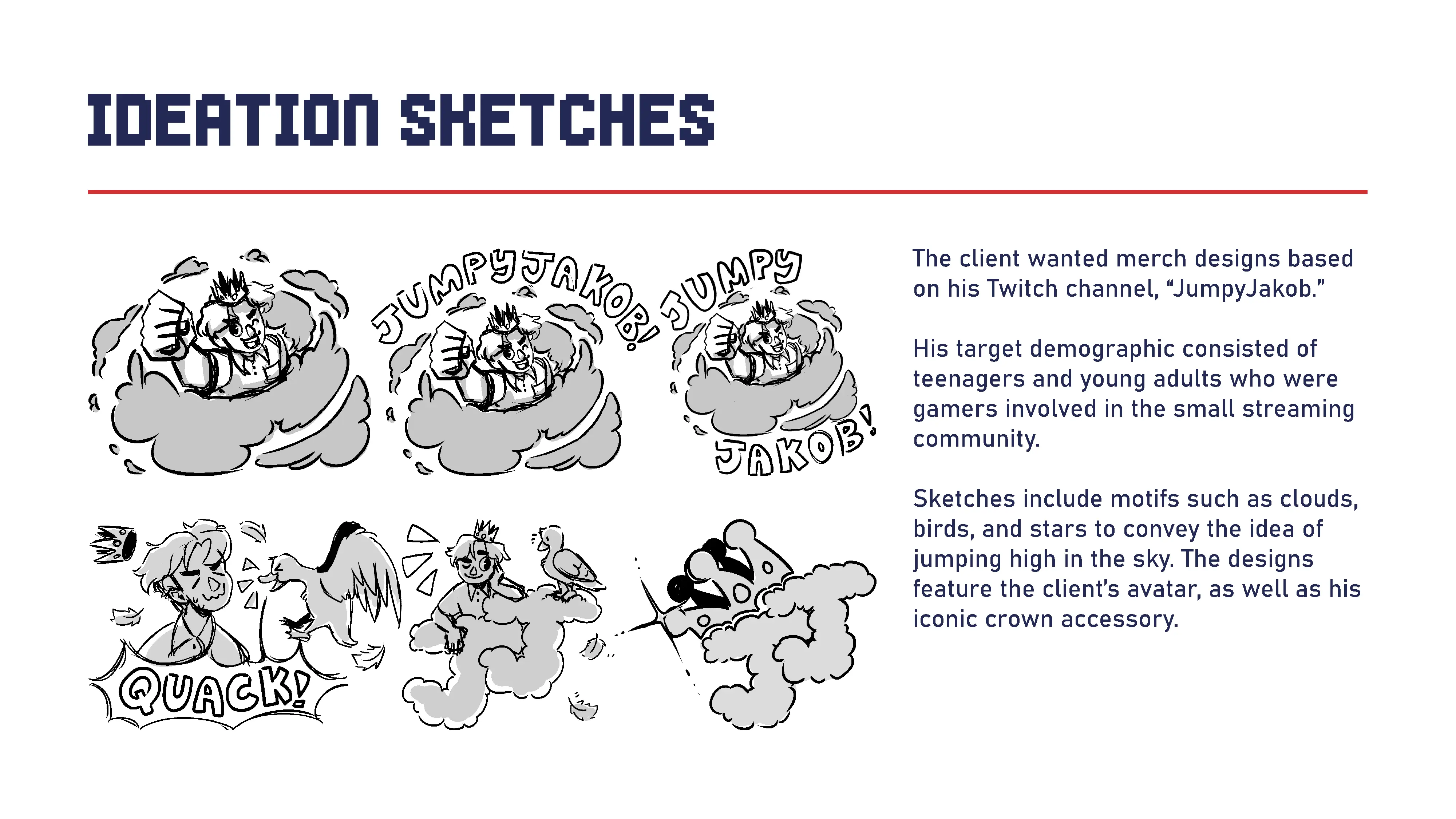 Concept sketches for JumpyJakob's merch, as well as research for his target demographic.