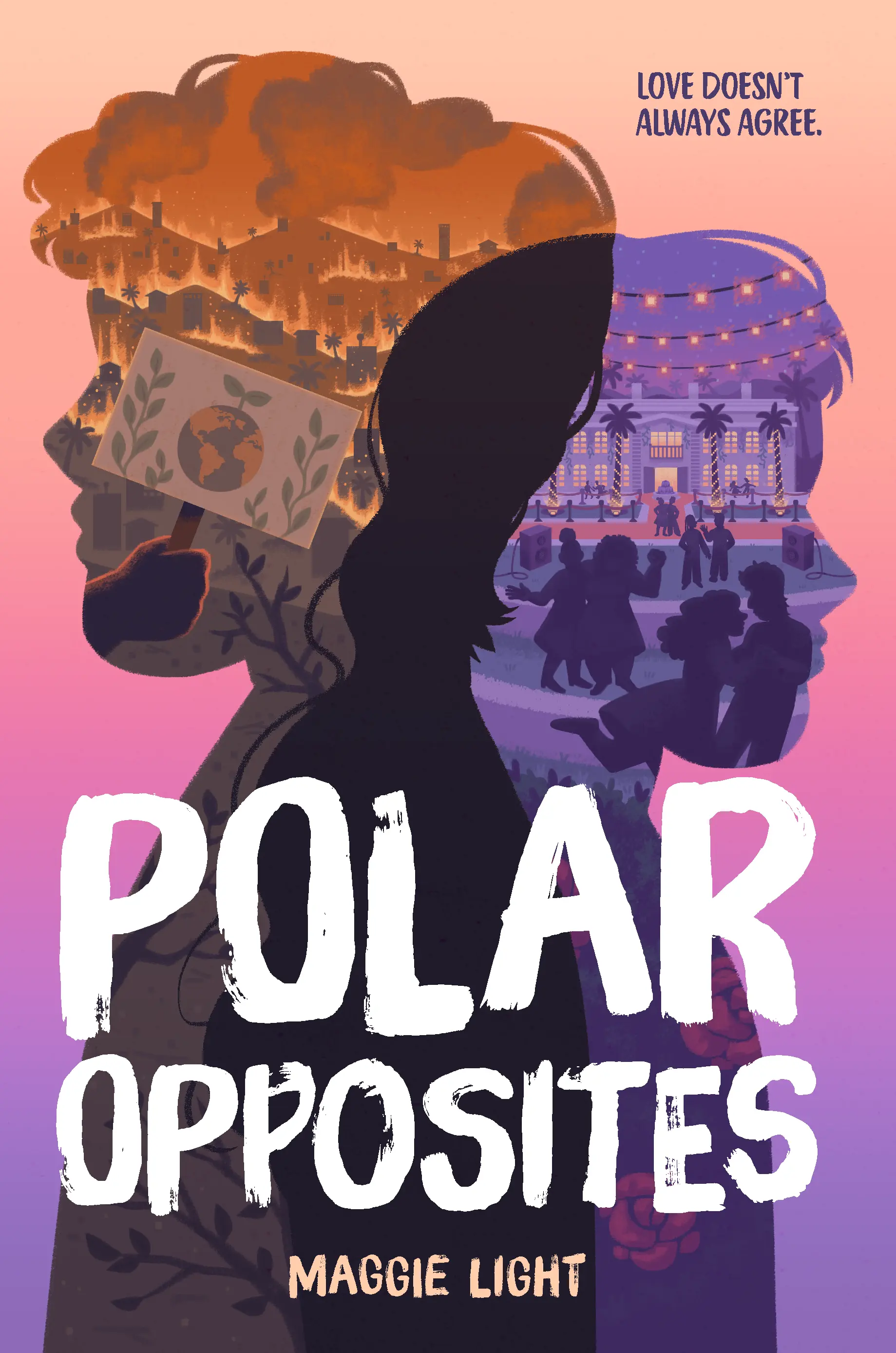 Front cover of the book. Two silhouettes of the main characters overlap, showing scenes of hills ablaze with wildfire and a high school prom at a luxurious estate.