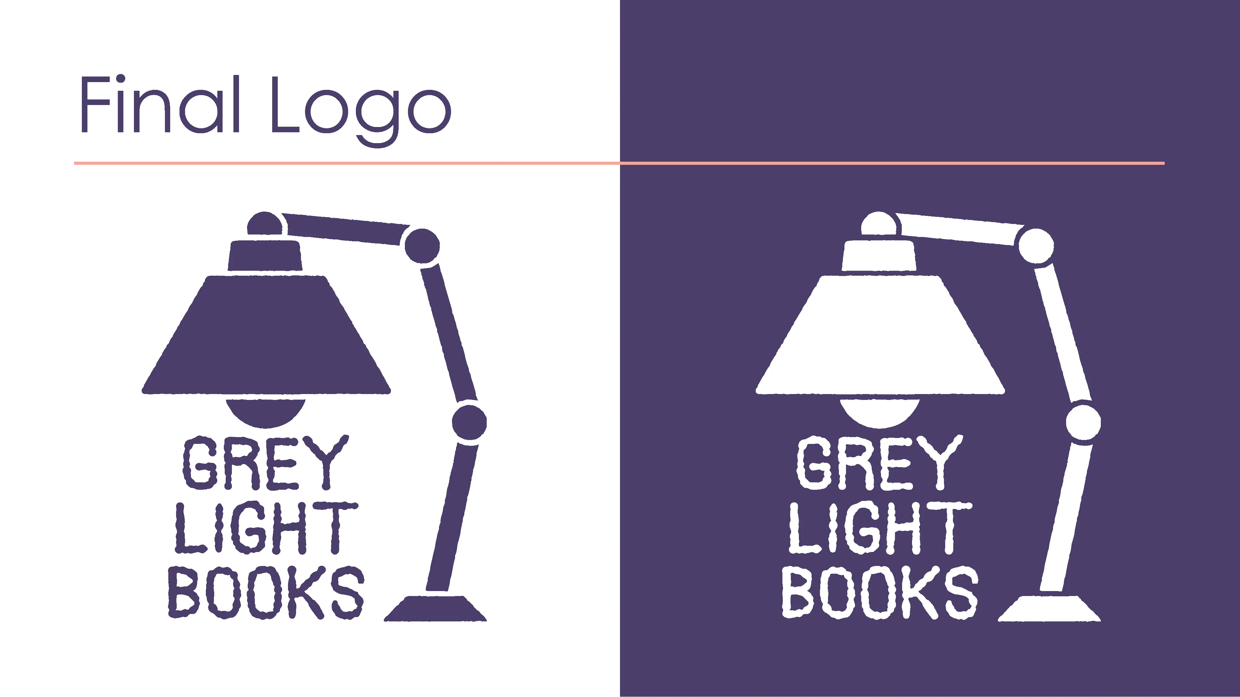 The final logo, a reading lamp ith the text Grey Light Books beneath it. There are black, white, and gray variations of the logo.