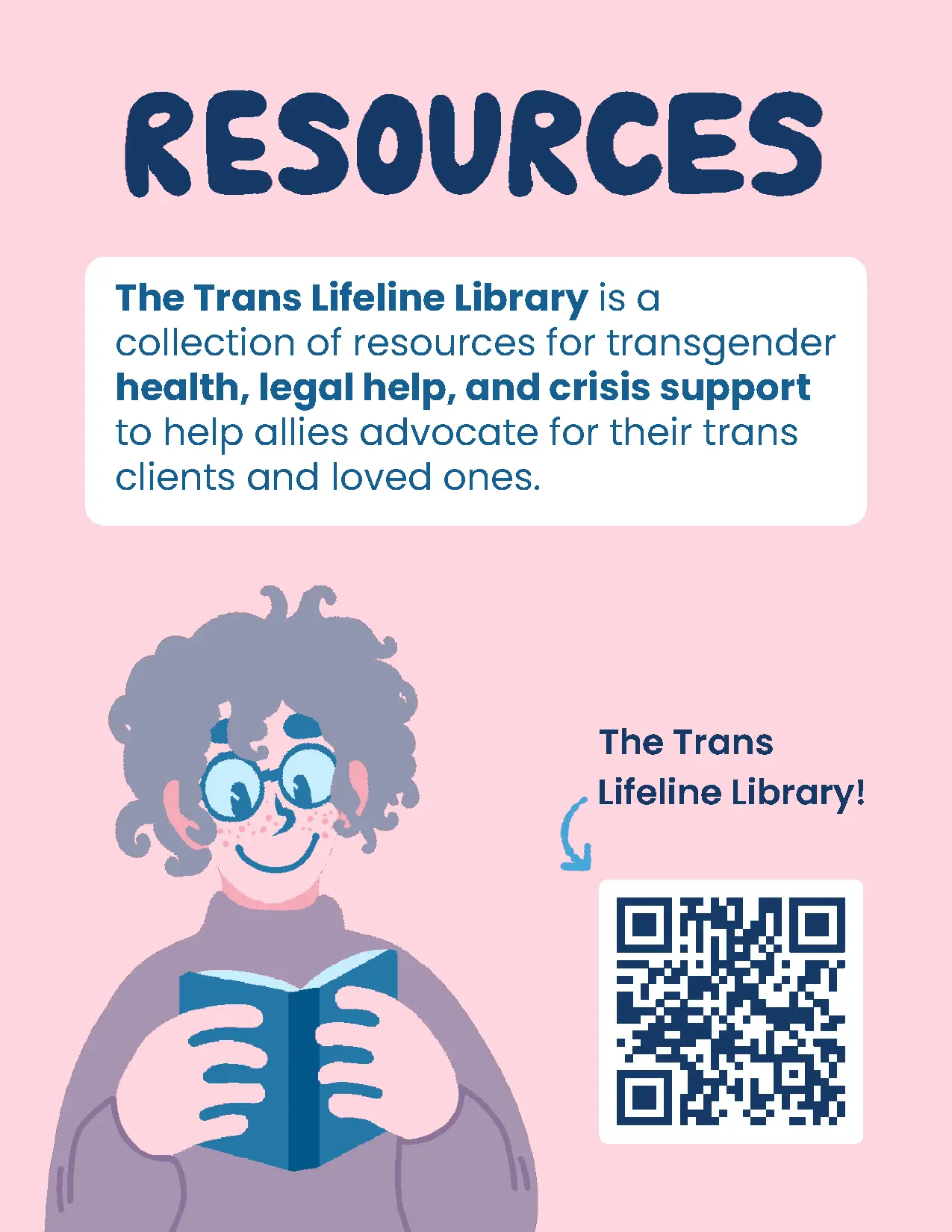 The zine's third page, with a link to the Trans Lifeline Library. A young person is pictured reading a book.