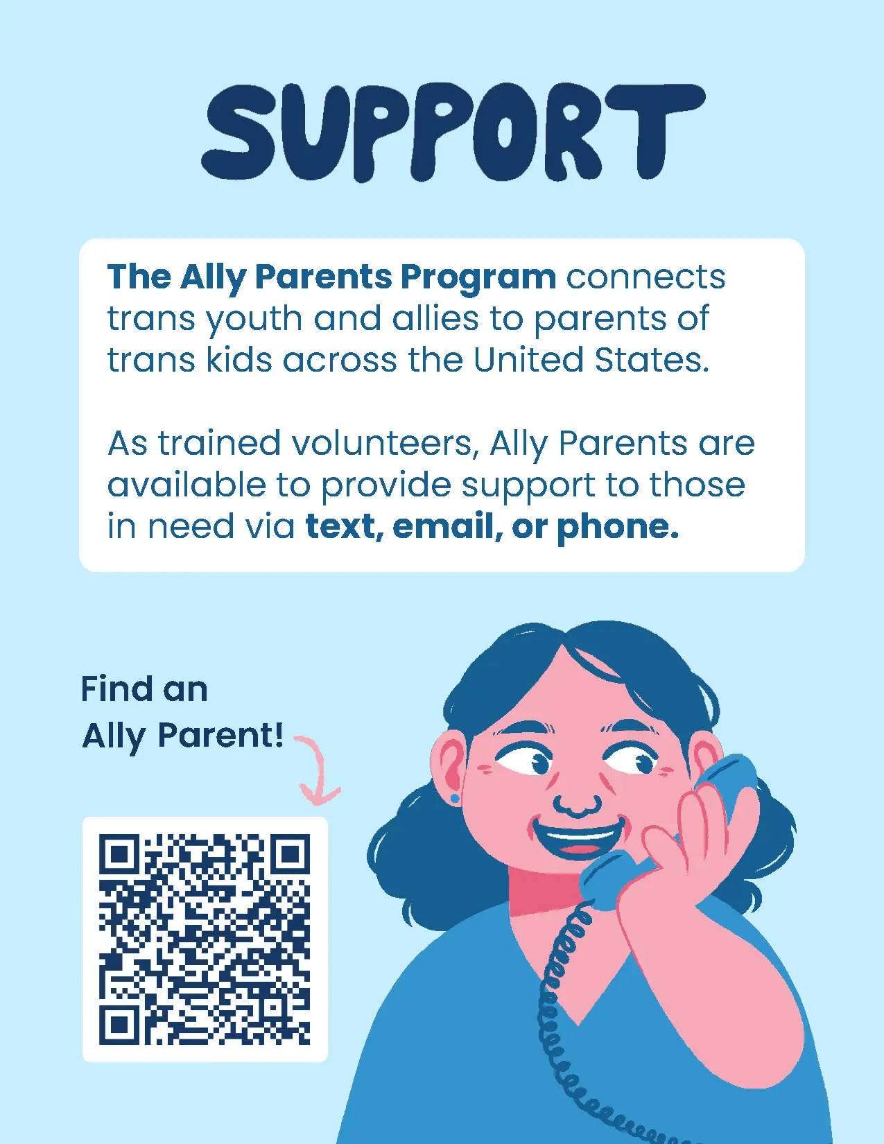 The zine's fourth page, with a link to the Ally Parents program. A parent is pictured talking on the phone with a smile.
