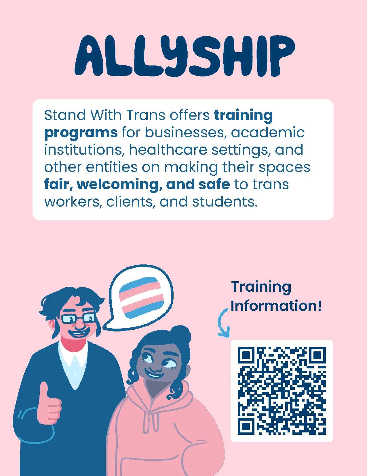 The zine's fifth page, with a link to training materials for organizations. A teacher gives a young person a thumbs up, showing her support for trans people.