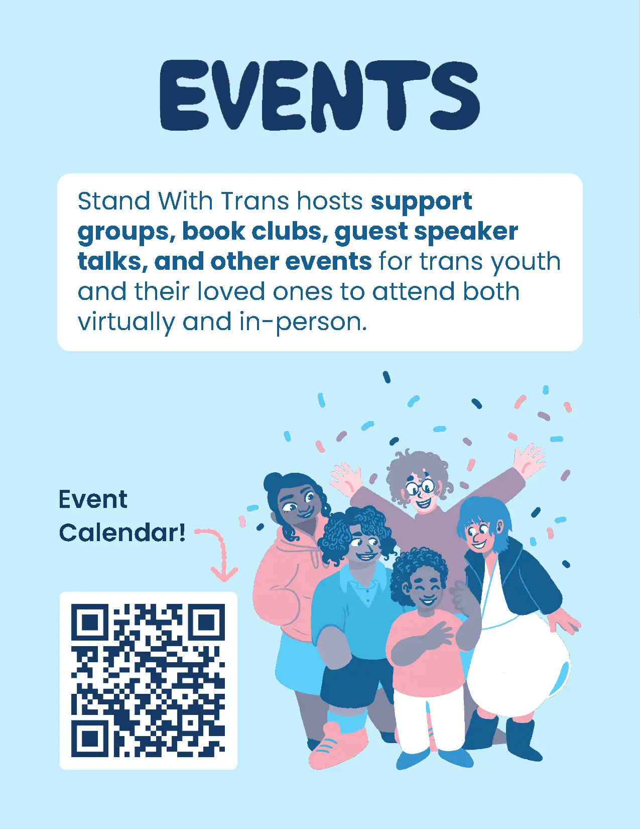 The zine's sixth page, with a link to the Stand With Trans events page. A group of young people gather together in celebration.