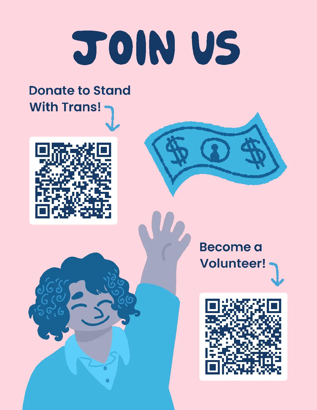 The zine's seventh page, with a link to donation and volunteer opportunities for Stand With Trans. A young person waves a hand, gesturing to the links.