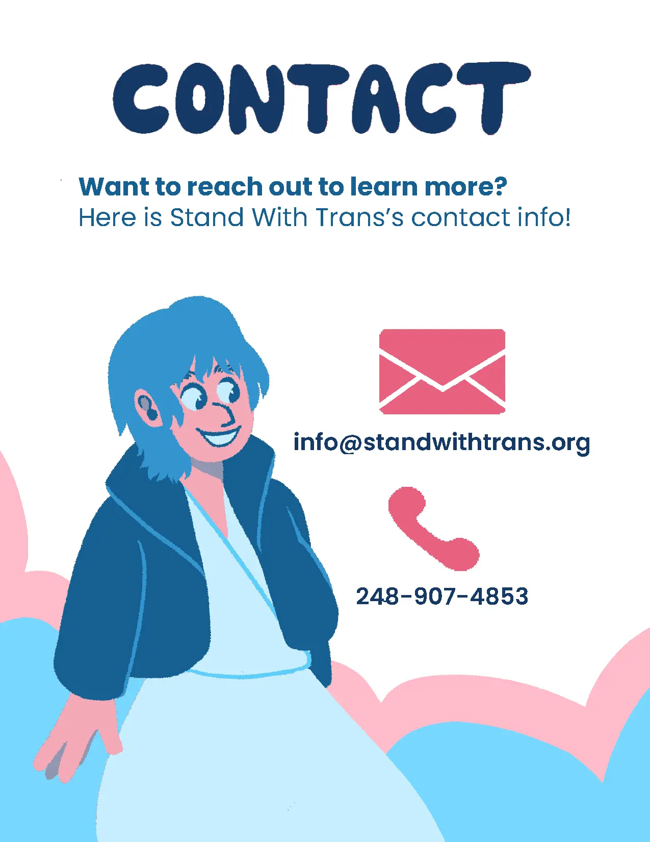 The zine's eighth page and back cover, with Stand With Trans's contact information. A young person smiles at the contact info.