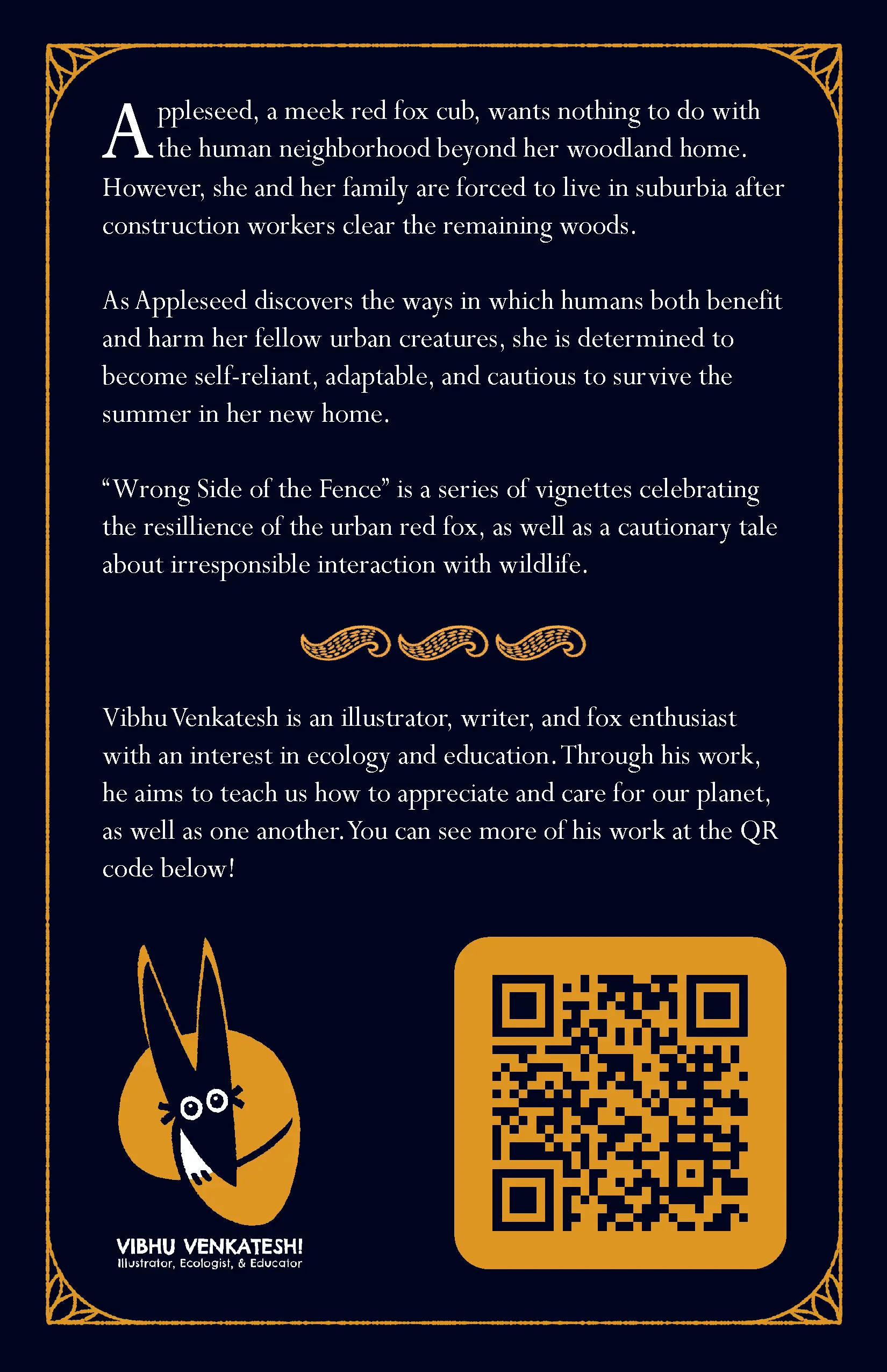 Back cover of the book, with the book summary, the author and artist's faux publishing logo, and a QR code linking to the artist's website.