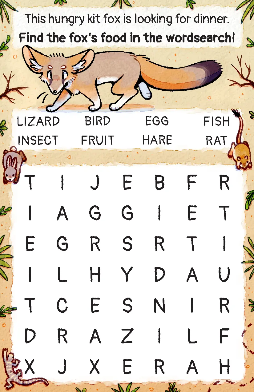 The zine's third page, with a kit fox hunting various rodents, lizards, and ants. The prompt tells you to find the fox's prey in the word search.