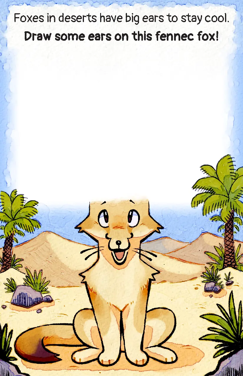The zine's fourth page, with a fennec fox without ears in the desert. The prompt tells you to draw the fox some ears.