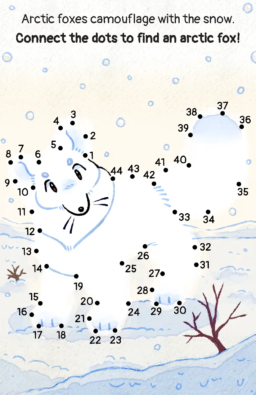 The zine's fifth page, with an arctic fox blending in with the snow. The prompt tells you to connect the dots to find the fox.