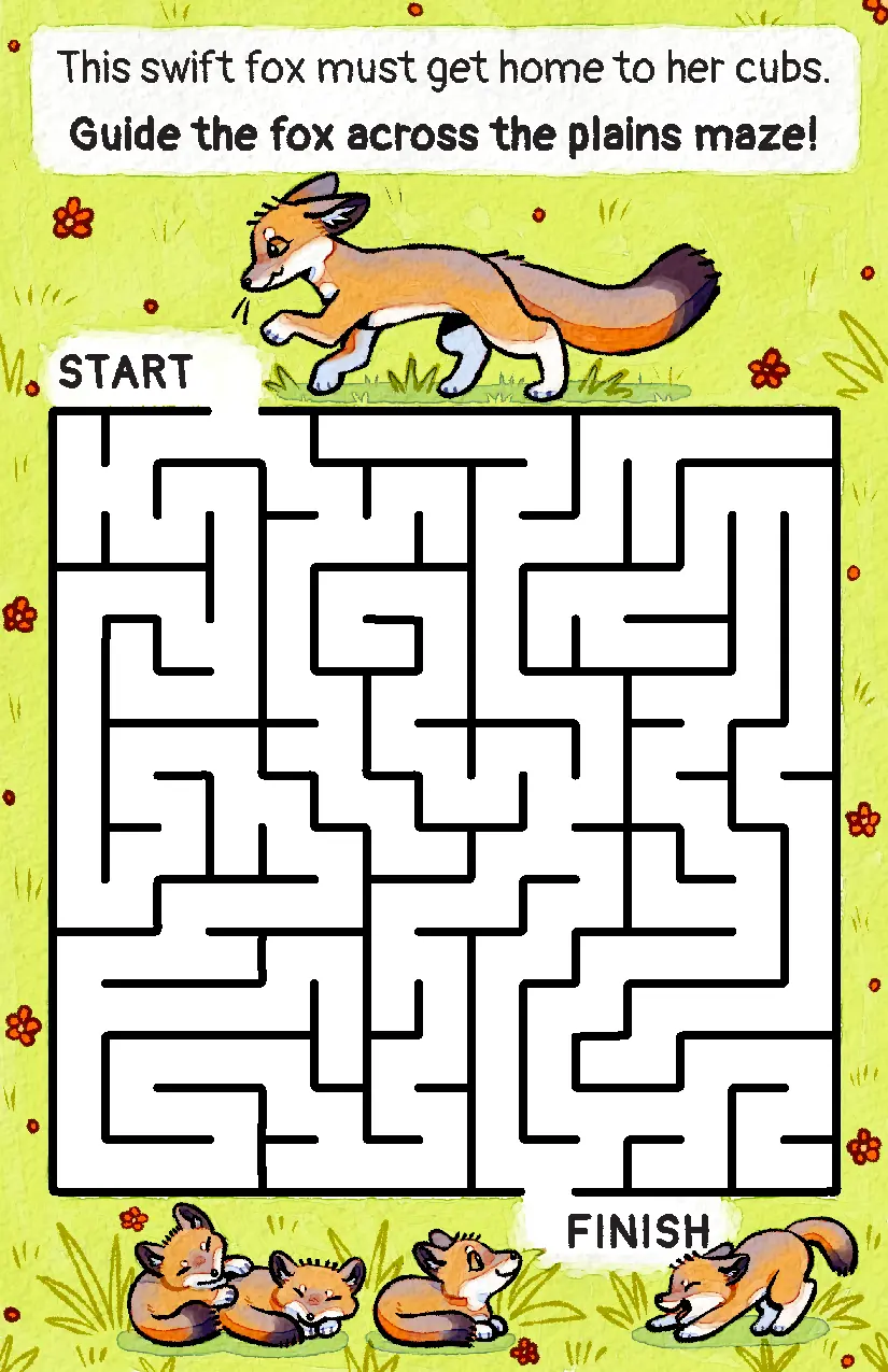 The zine's seventh page, with a swift fox and her cubs on opposite ends of a grassy plain. The prompt tells you to guide the mother fox through a maze to go home to her cubs.