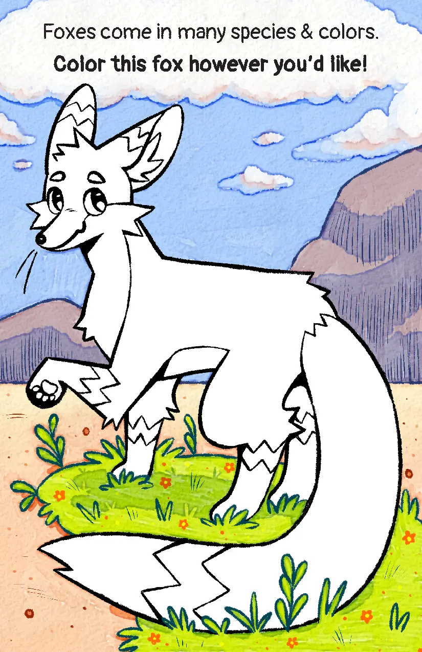 The zine's eighth page and back cover, with an uncolored fox standing in a patch of grass. The prompt tells you to color in the fox however you want.