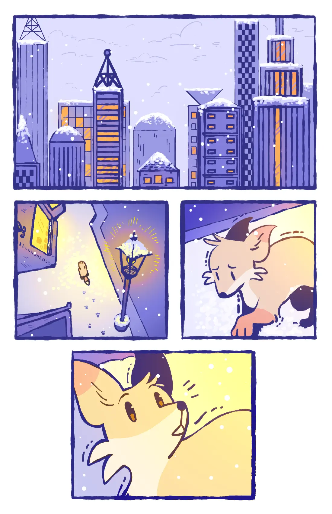 Page 1: A cold little fox wanders through a snowy city, shivering, until he sees a warm light.