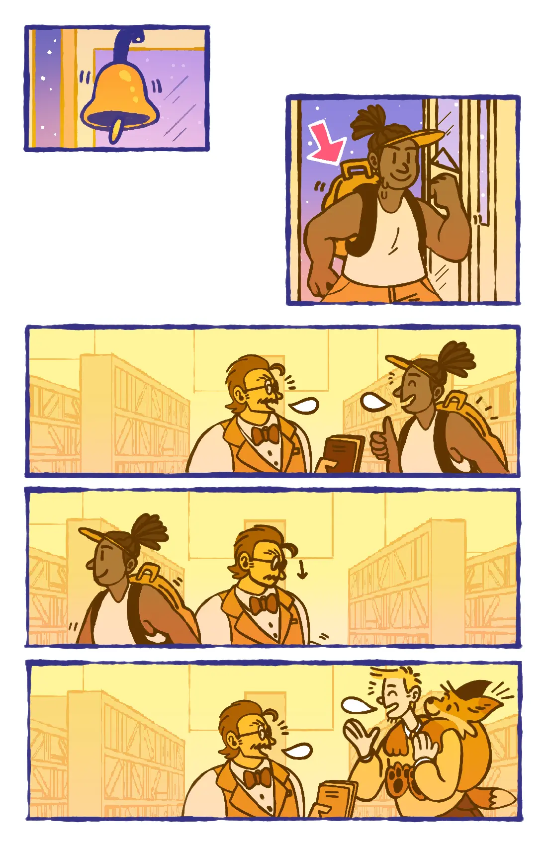 Page 11: A hiker with a backpack walks into the bookstore, warmly greeting the bookstore owner. A tall man in a sweater walks in, also greeting the bookstore owner, with the fox on his shoulders pretending to be a backpack.