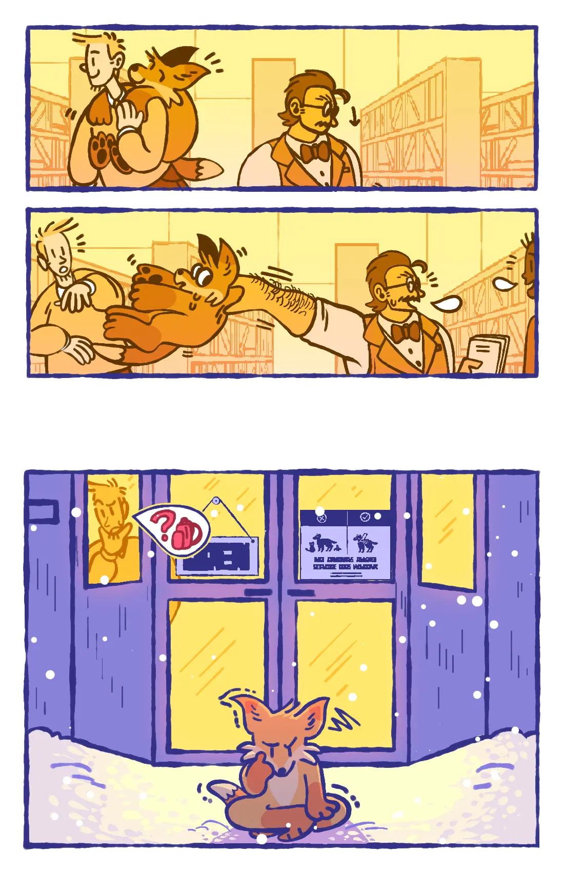 Page 12: The fox thinks he's fooled the bookstore owner, but the owner yanks him off the man's back while greeting another customer. The fox is kicked out again, while the man wonders where his real backpack went.