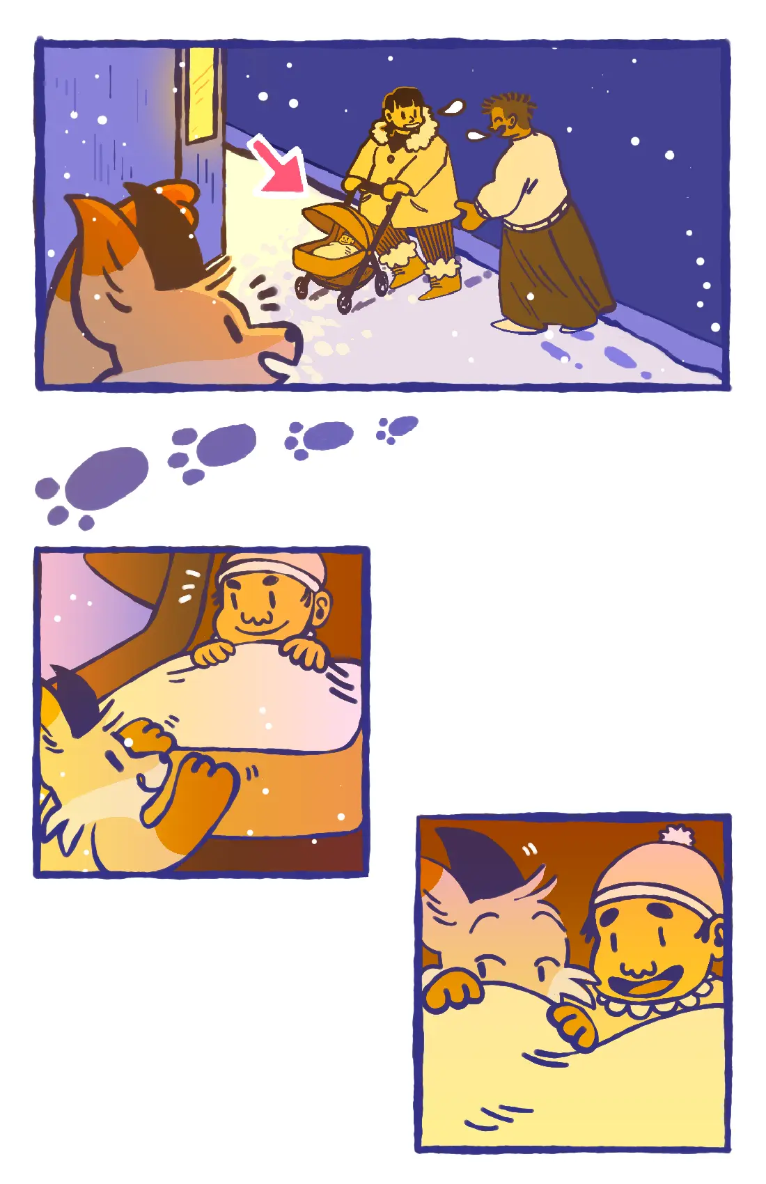 Page 13: The fox sees a woman pushing her baby in a stroller, and climbs in with the baby while the woman is distracted in conversation.